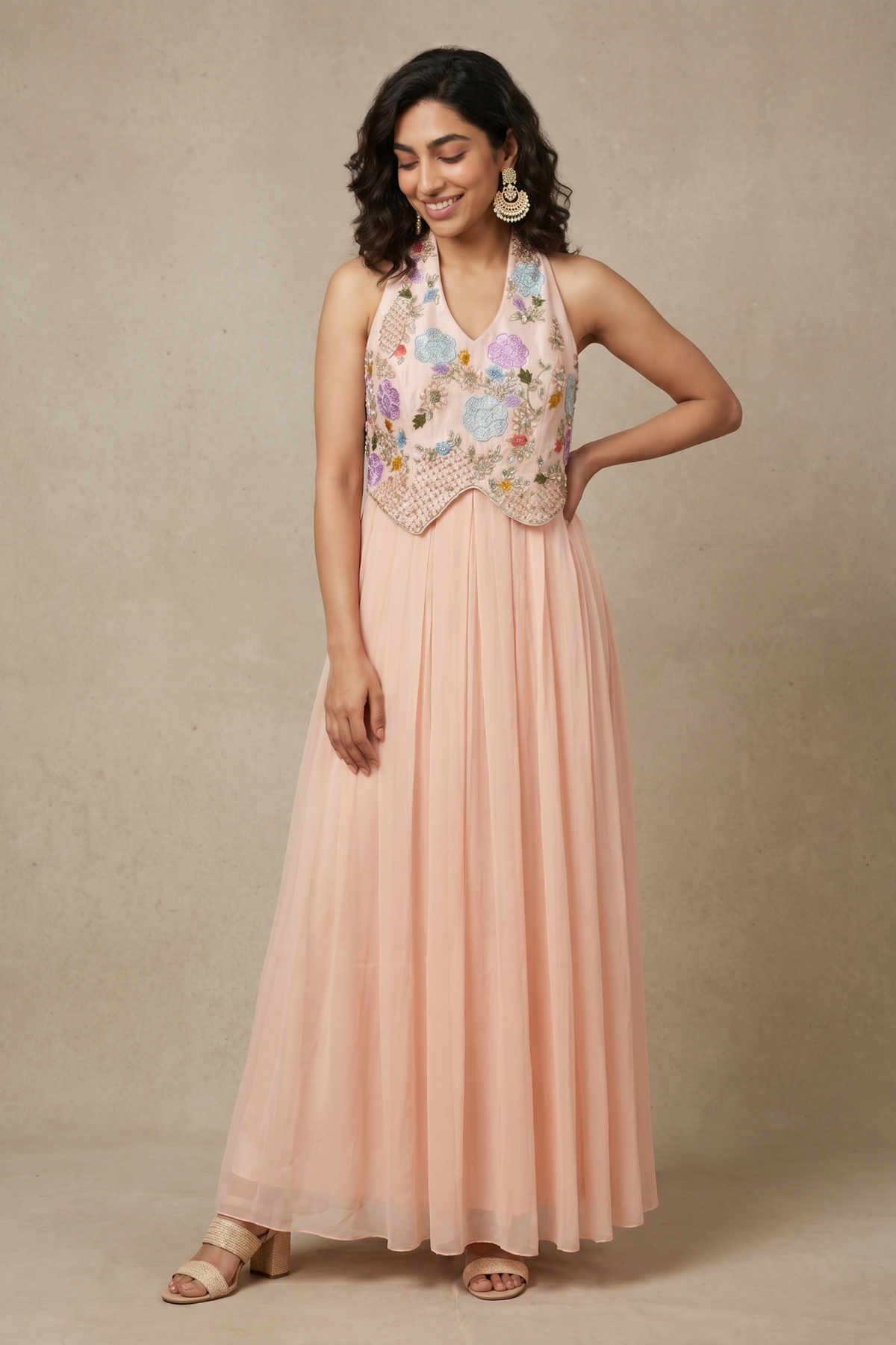 Peach Georgette Gown with Floral Thread & Applique Embroidery - Mokshaa