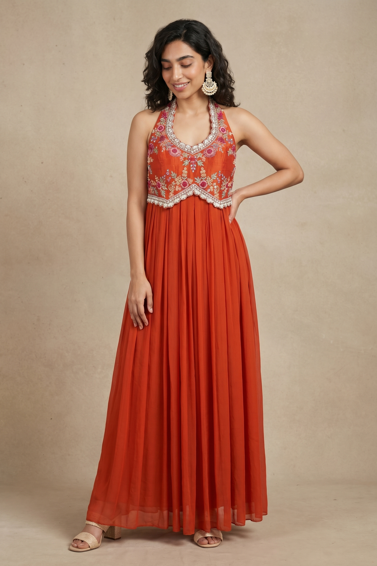 Rust Orange Georgette Gown with Floral Thread & Bead Embroidery - Mokshaa