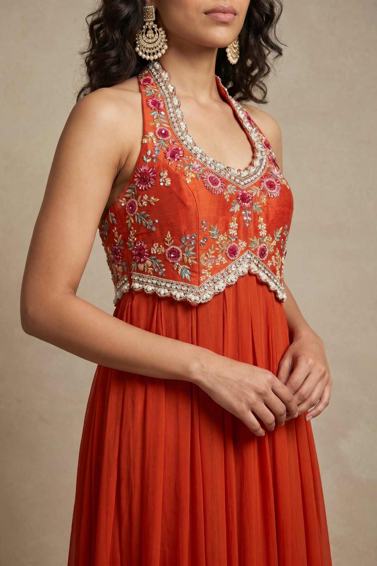 Rust Orange Georgette Gown with Floral Thread & Bead Embroidery - Mokshaa