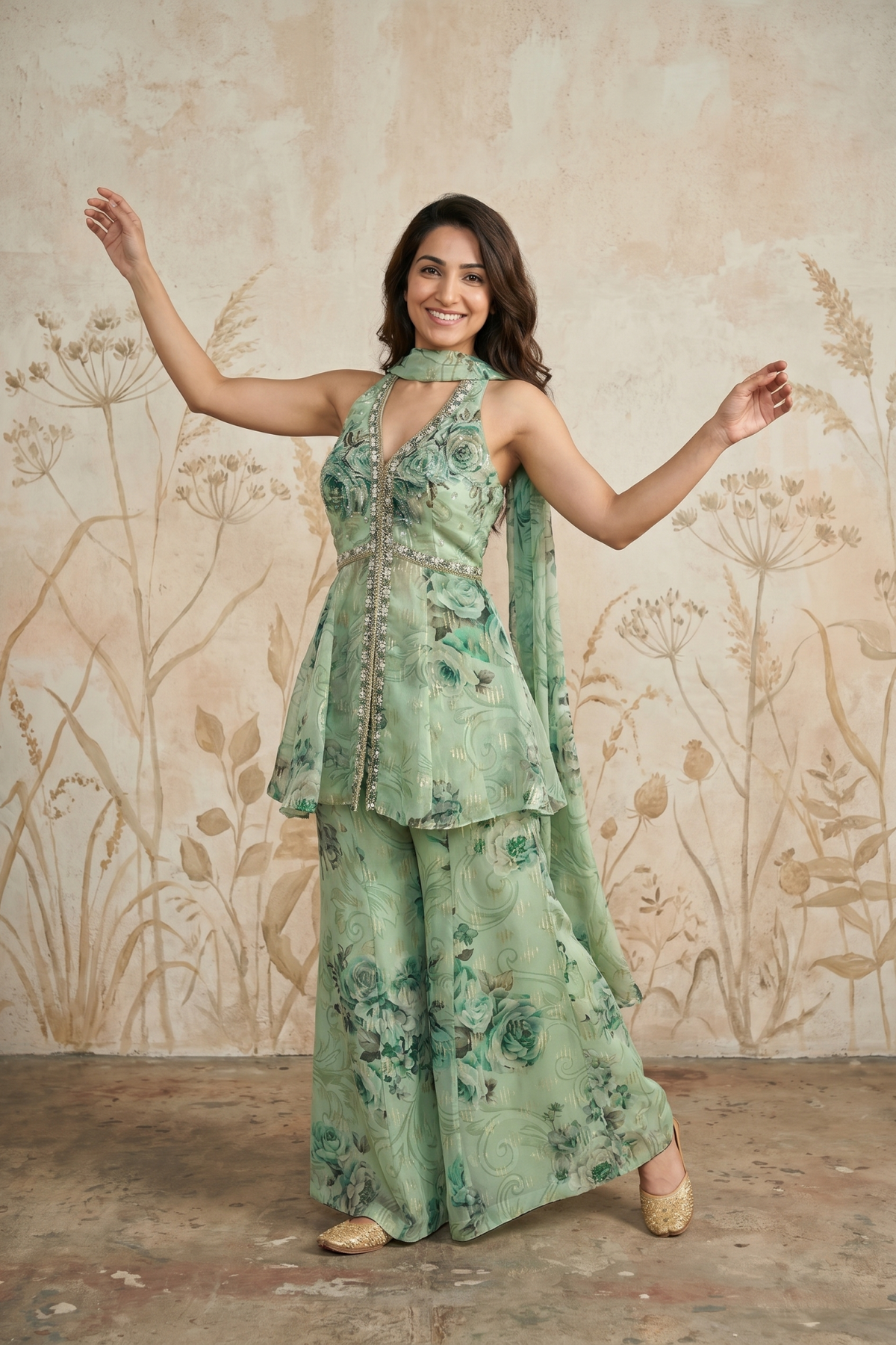 Mint Green Organza Peplum & Palazzo Set with Floral Print, Mirror & Kundan Work - Mokshaa