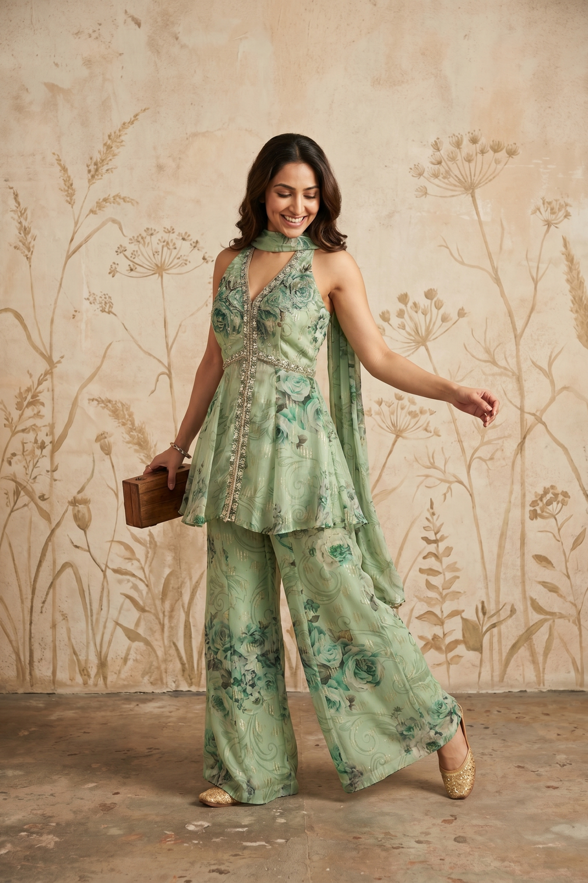 Mint Green Organza Peplum & Palazzo Set with Floral Print, Mirror & Kundan Work - Mokshaa