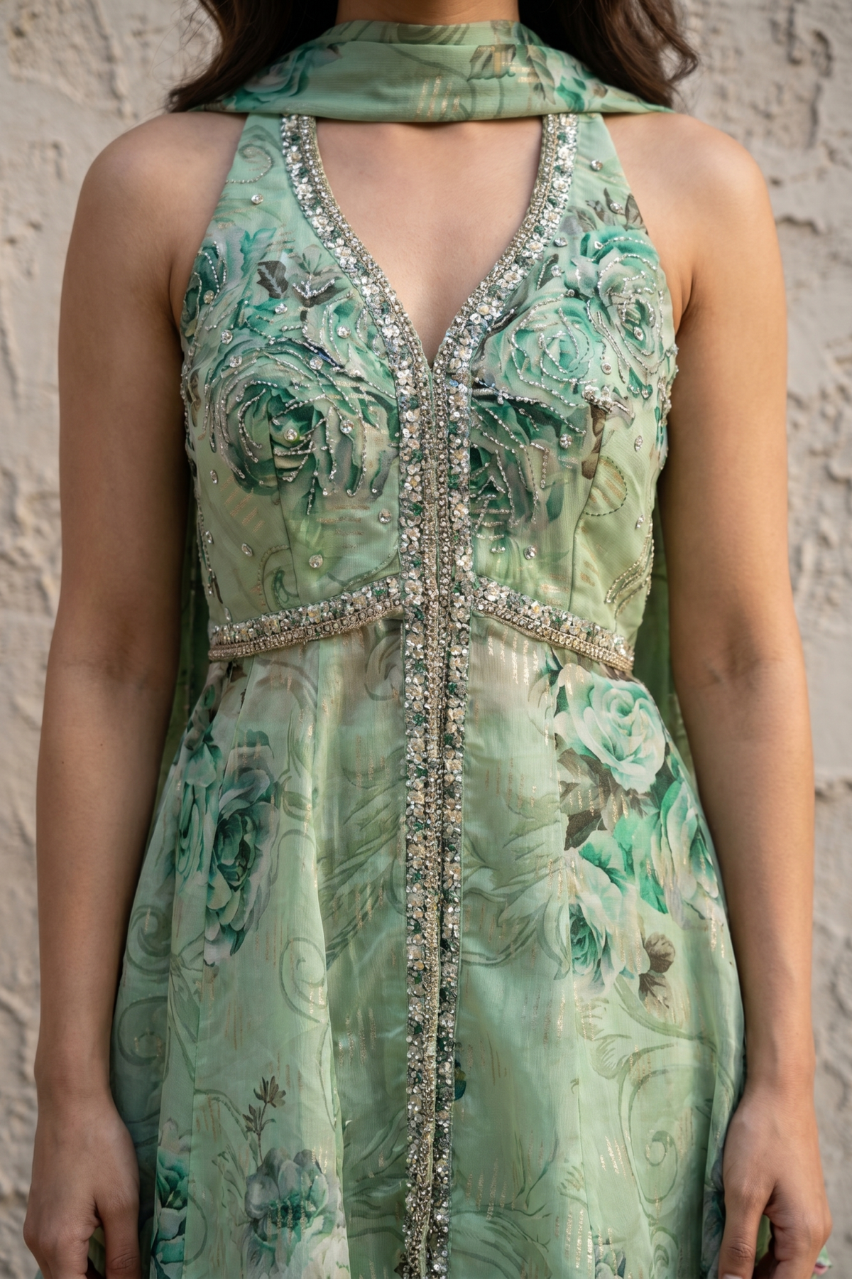 Mint Green Organza Peplum & Palazzo Set with Floral Print, Mirror & Kundan Work - Mokshaa