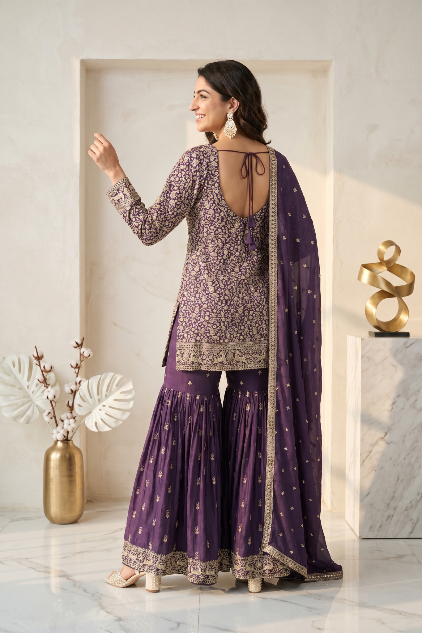 Purple Embroidered Georgette Sharara Set