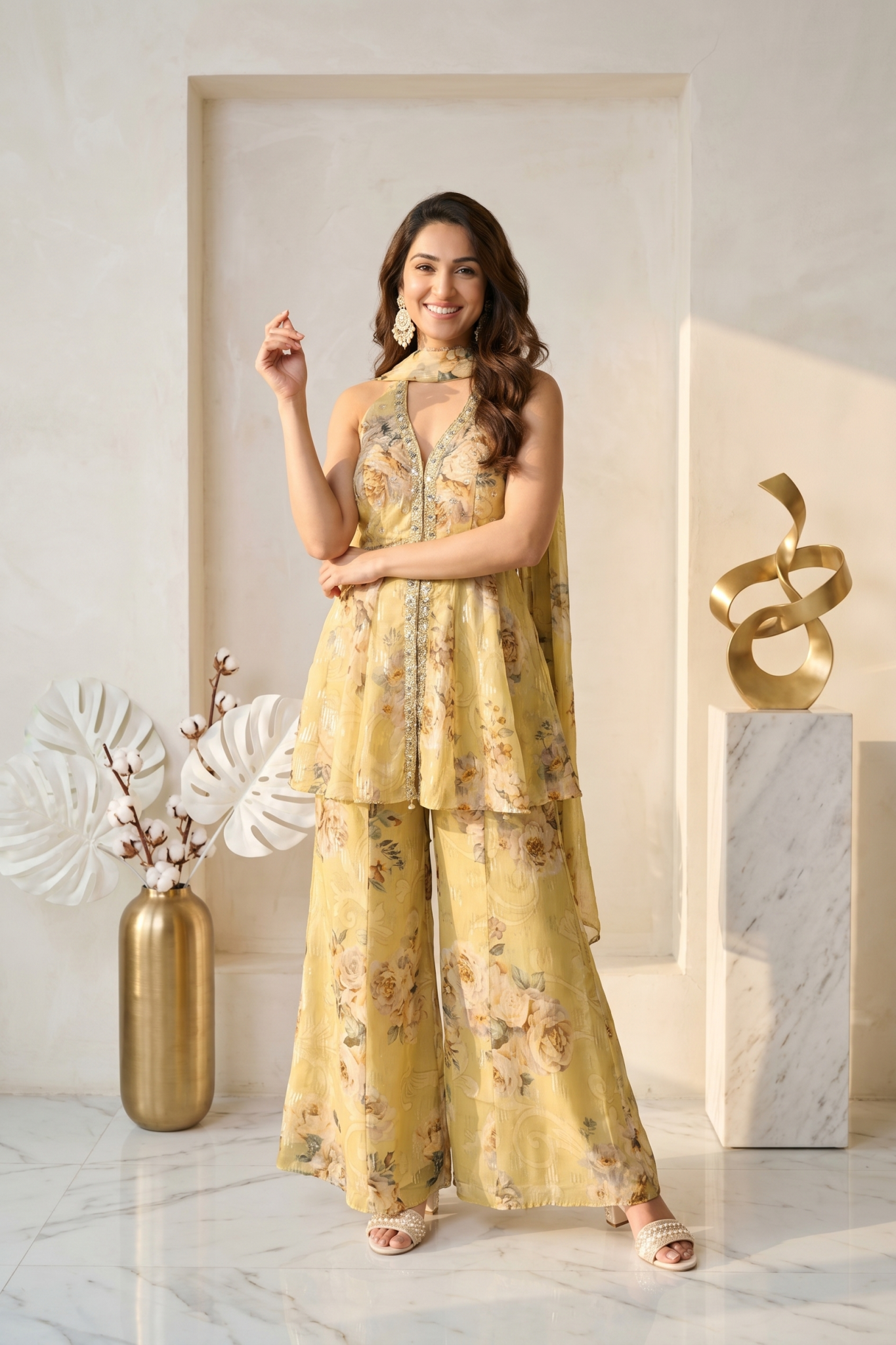Yellow Floral Organza Indo-Western Set