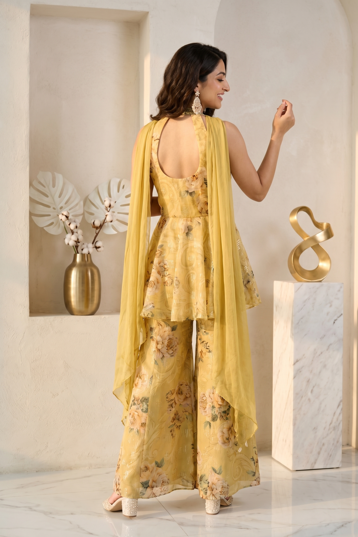 Yellow Floral Organza Indo-Western Set