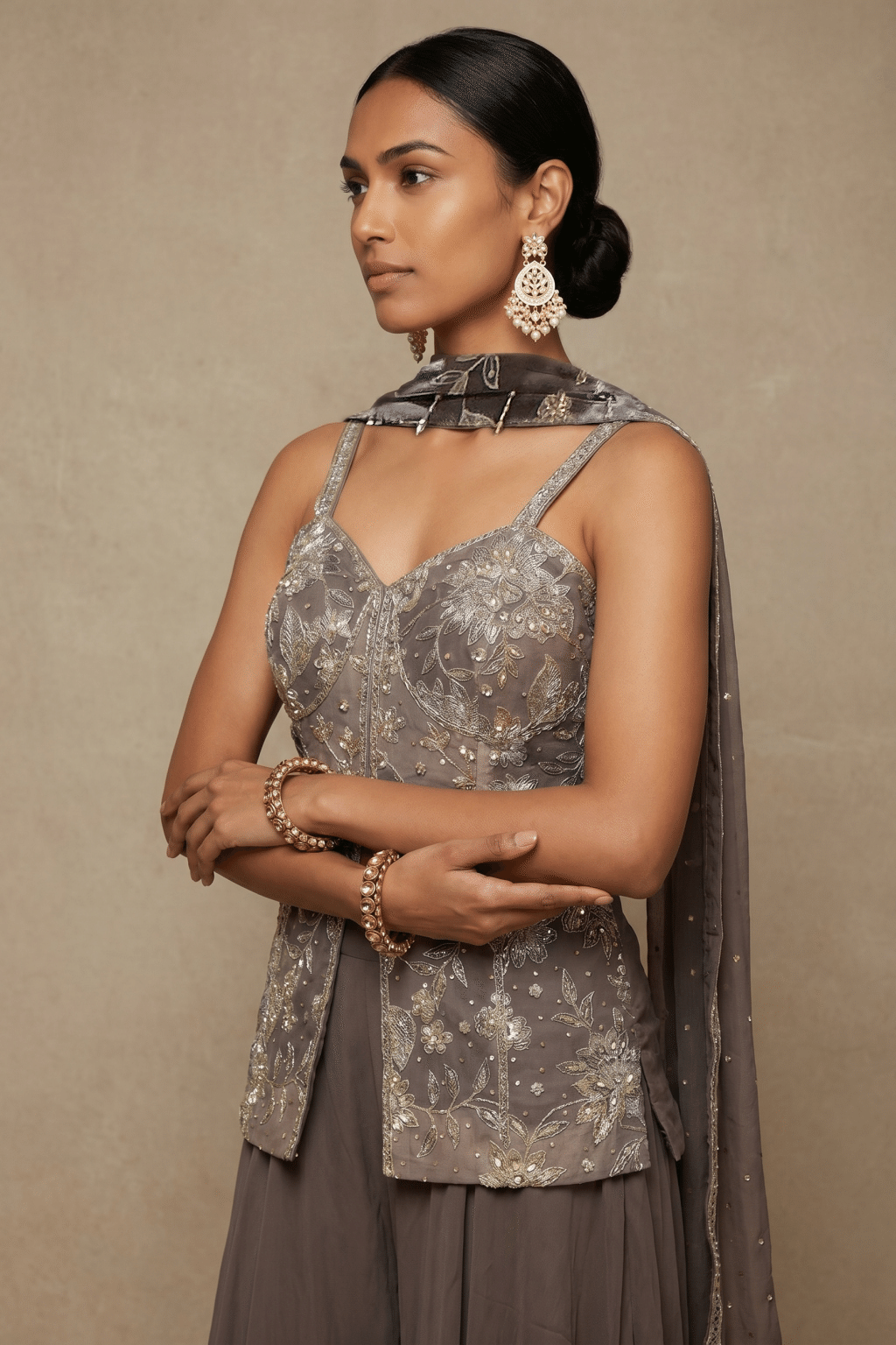 Taupe Grey Embroidered Sharara Set