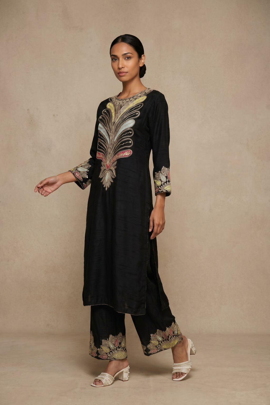 Black Silk Kurta Set with Multicolour Embroidery