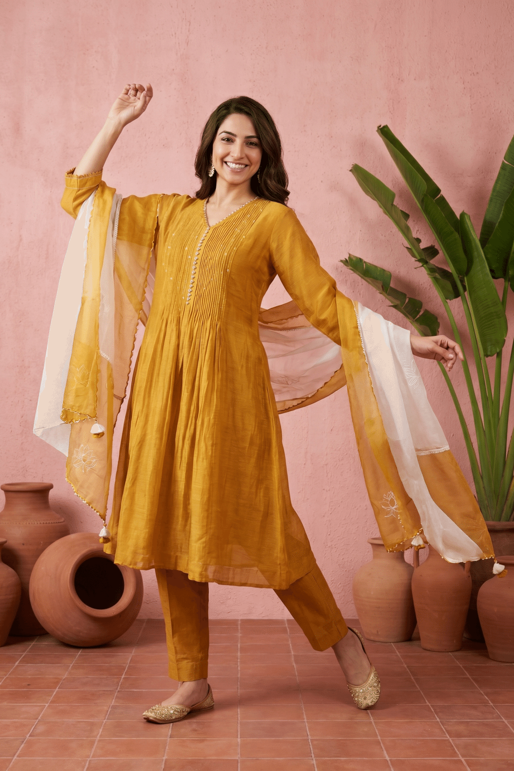 Mustard Yellow Cotton Mul Anarkali Set