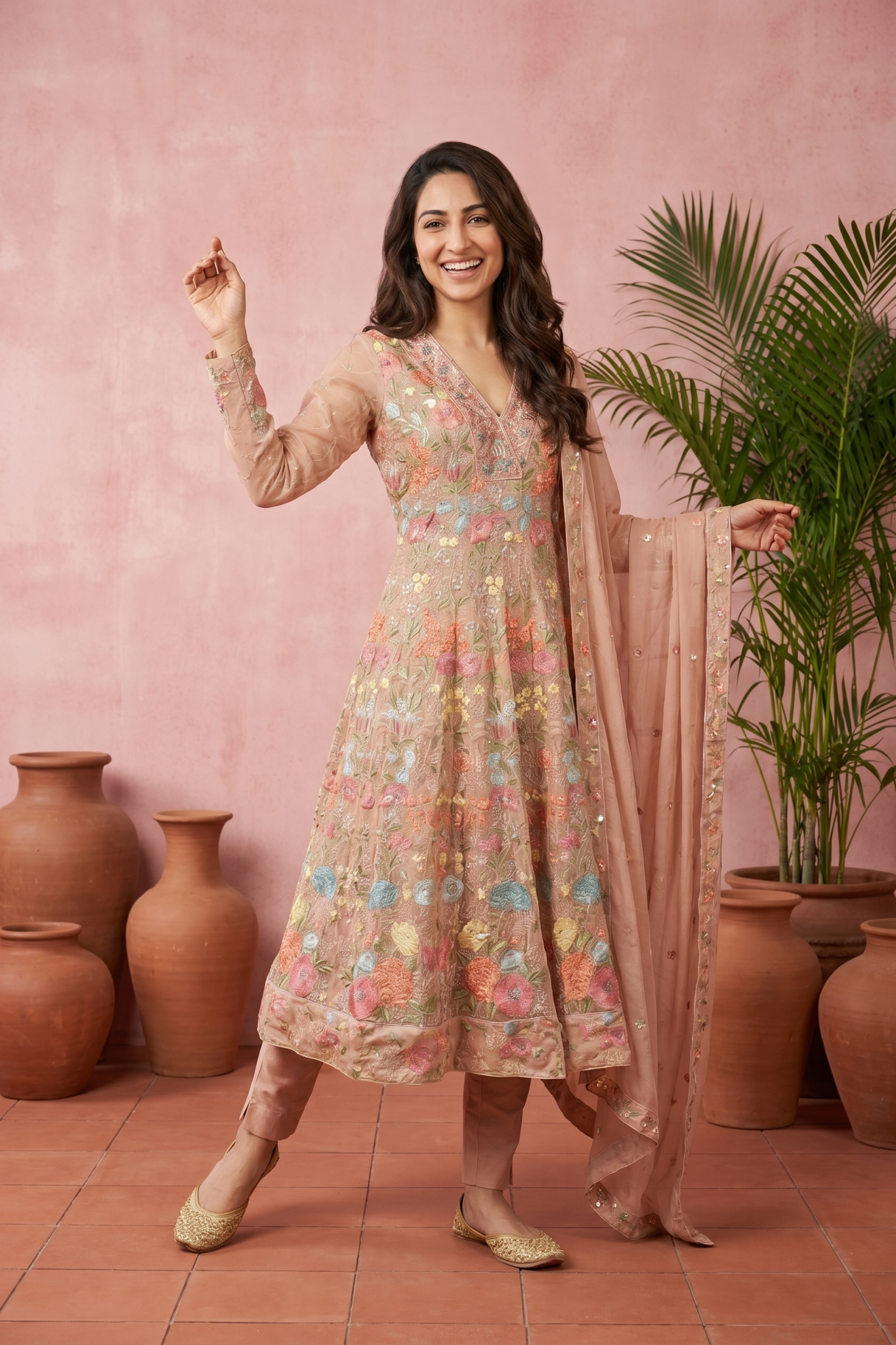Peach Georgette Floral Embroidered Anarkali Set
