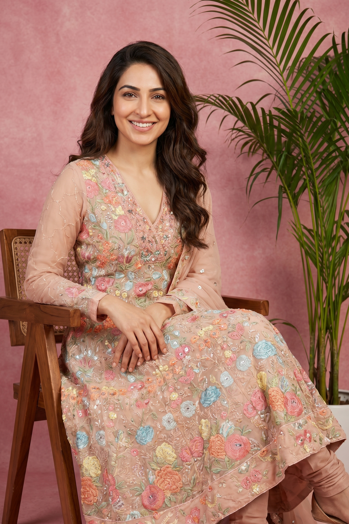 Peach Georgette Floral Embroidered Anarkali Set
