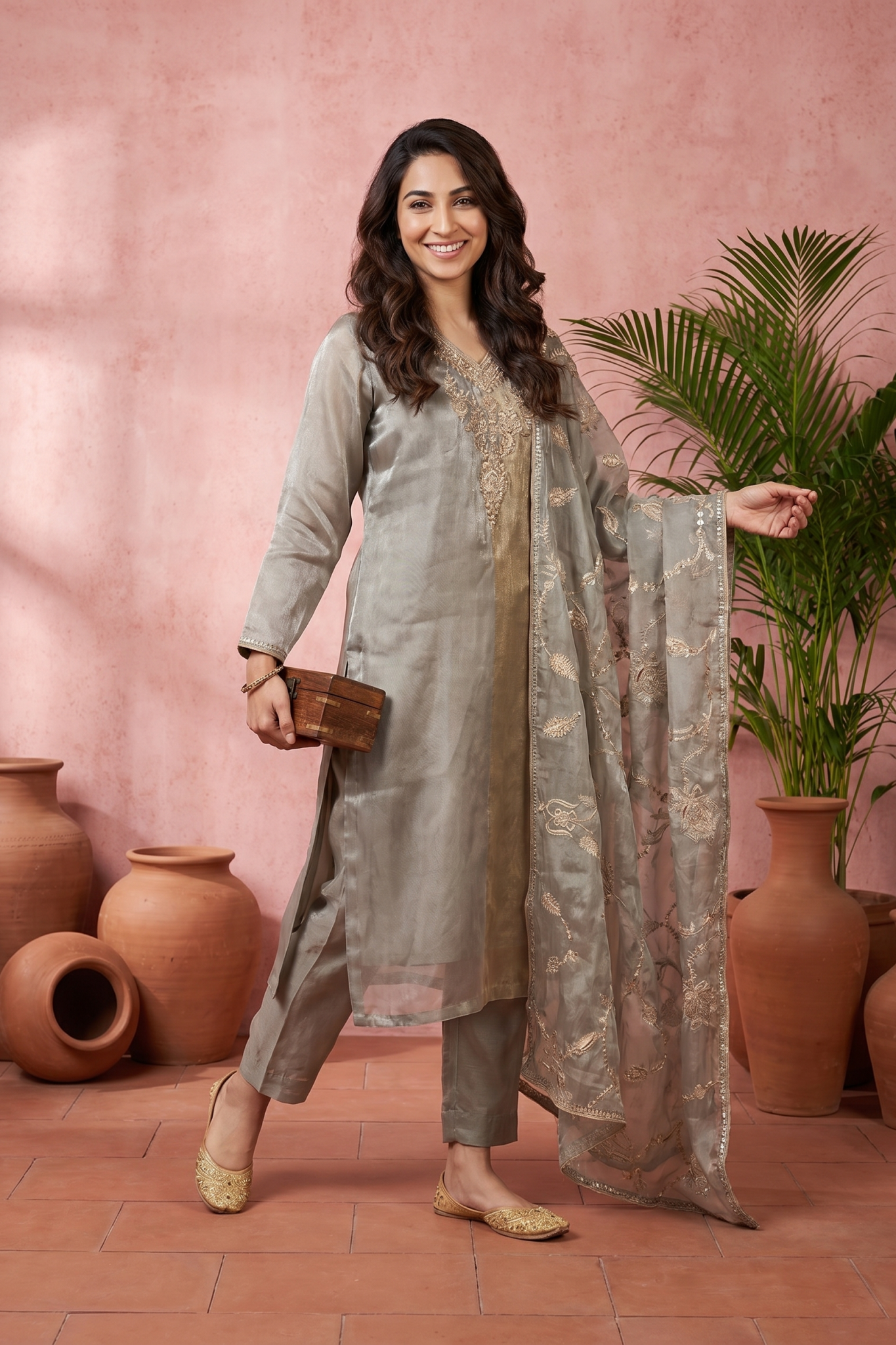 Gold Silver Tissue Organza Suit Set