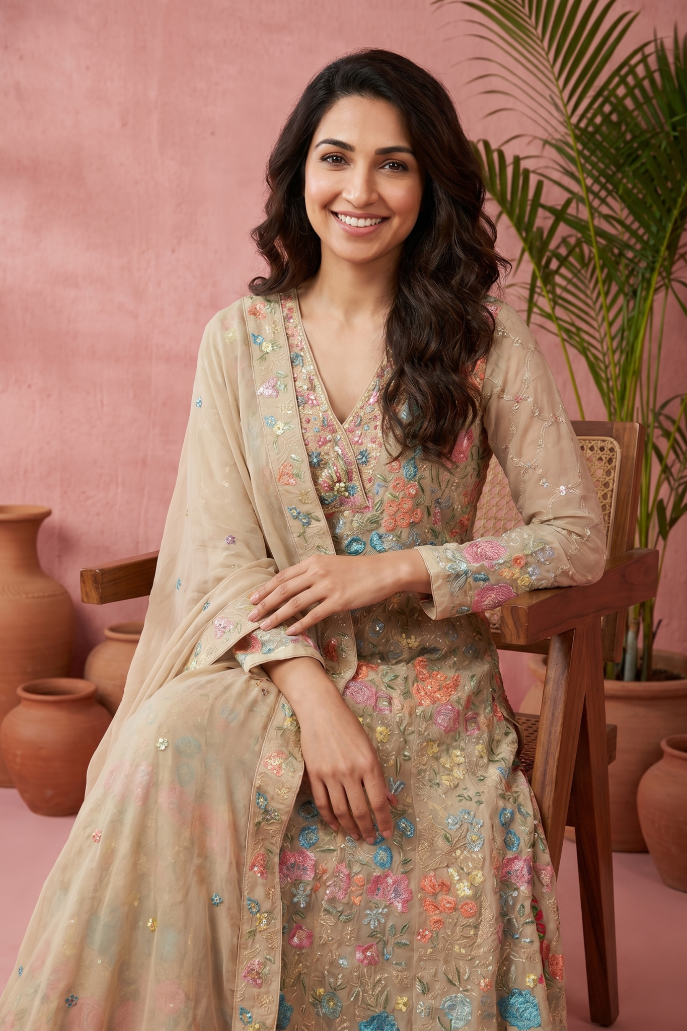 Beige Floral Embroidered Premium Anarkali Set