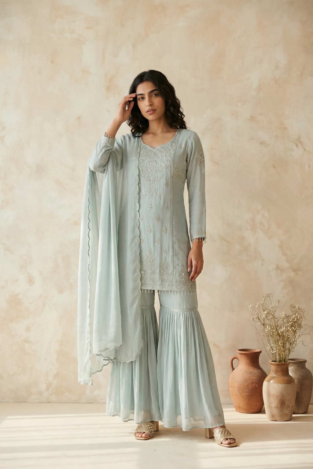 Ice Blue Crepe Sharara Set