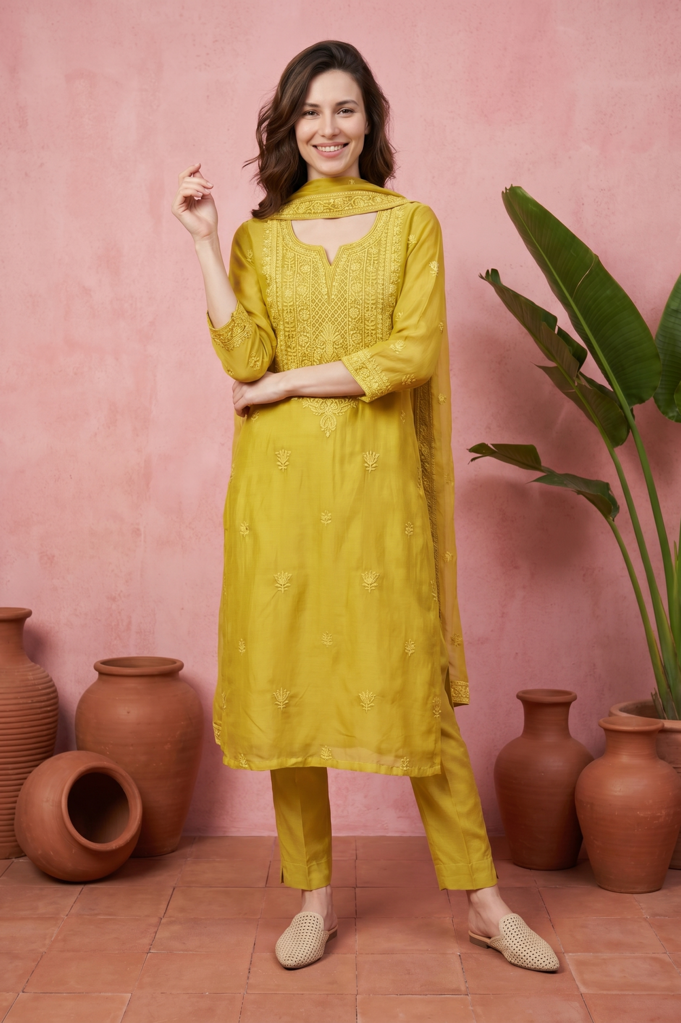 Yellow Embroidered Cotton Salwar Set