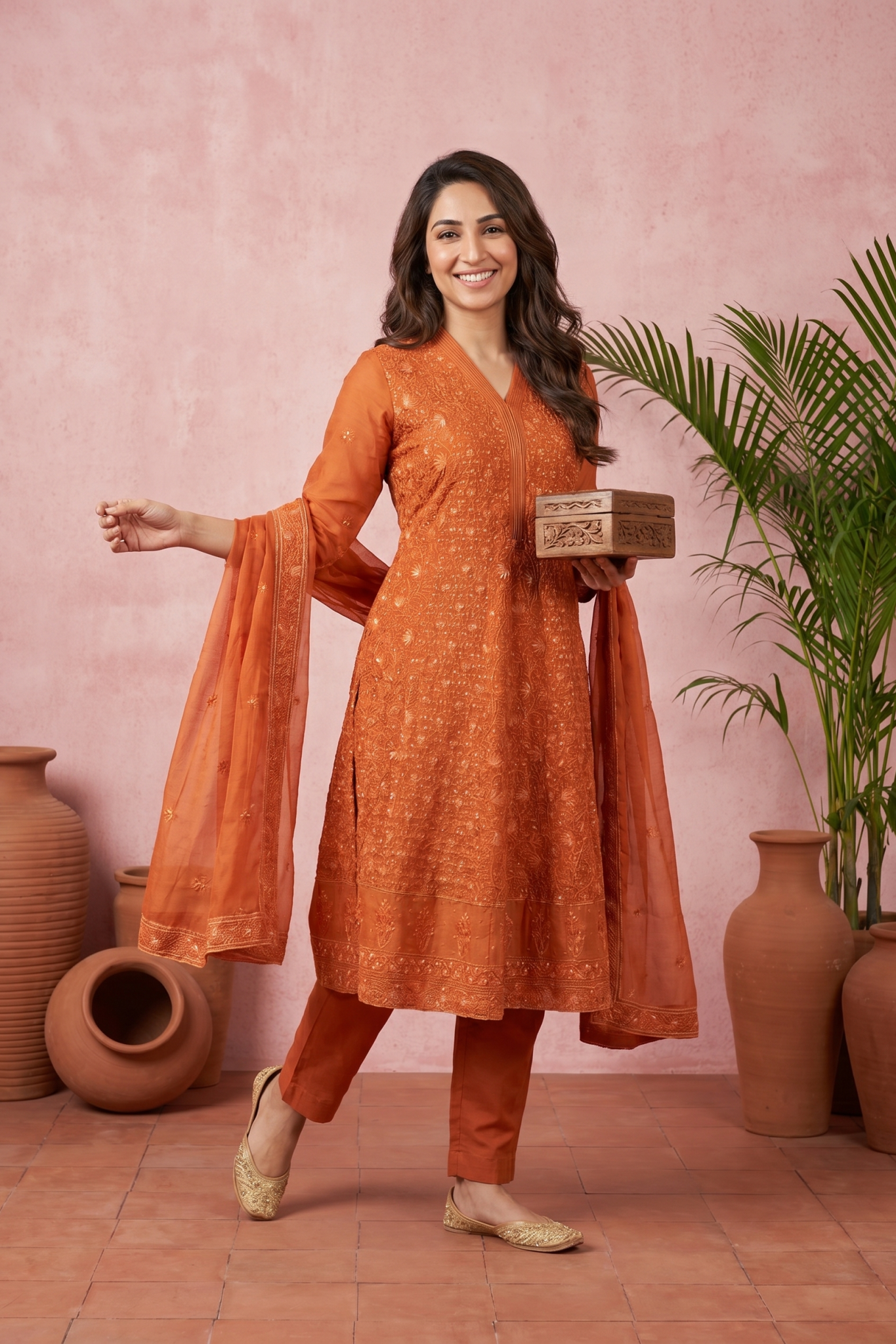 Burnt Orange Embroidered Cotton Salwar Set