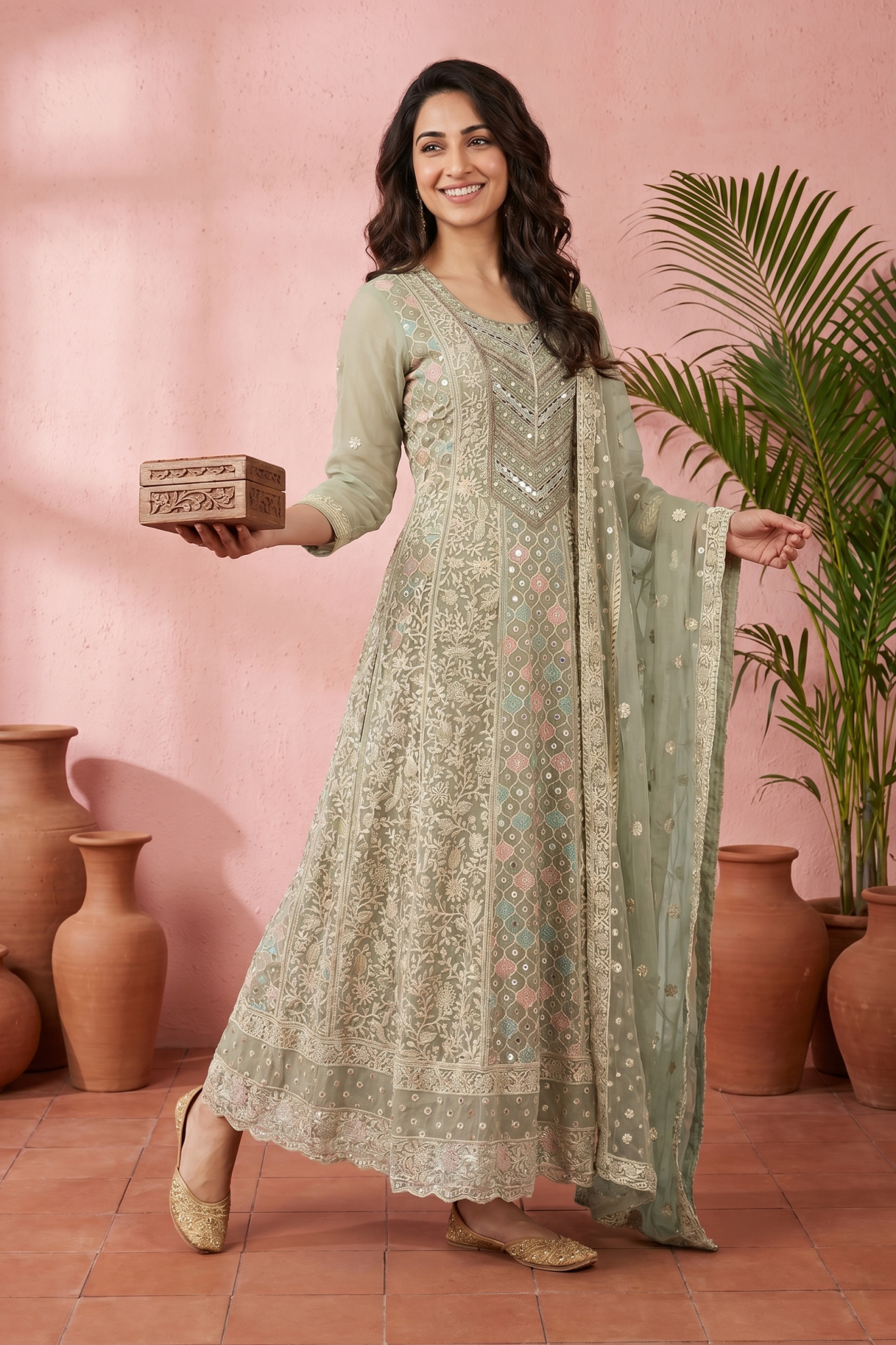 Pastel Green Lucknowi Anarkali Set