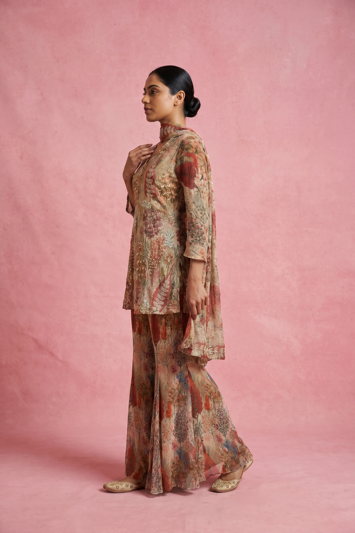Blush Beige Floral Printed Sharara Set