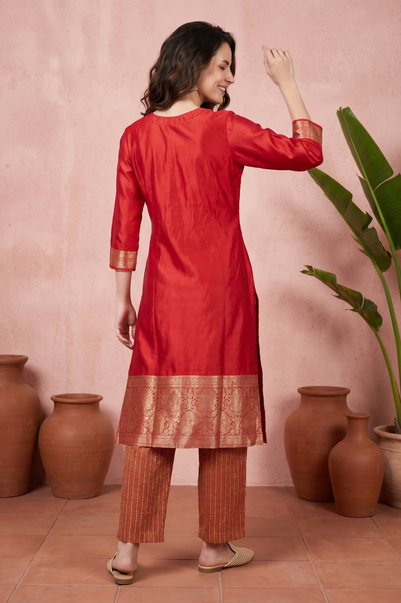 Red Silk Kurti Set with Woven Detailing
