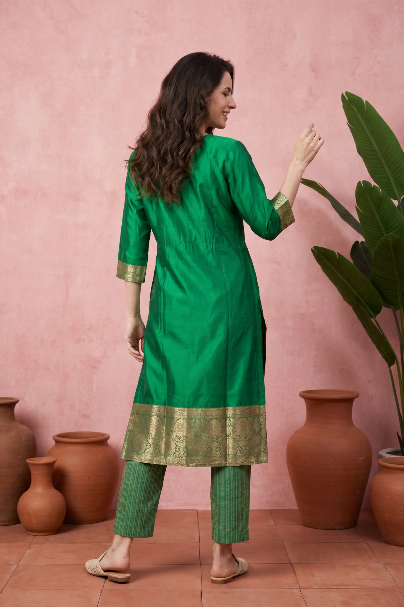 Green Silk Kurti Set with Zari Woven Detailing