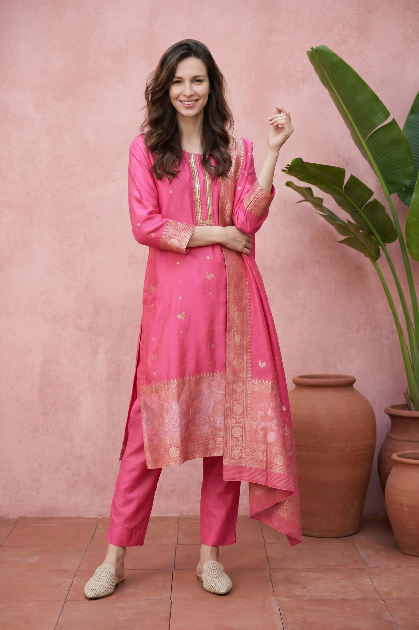 Pink Straight Cut Silk Salwar Set