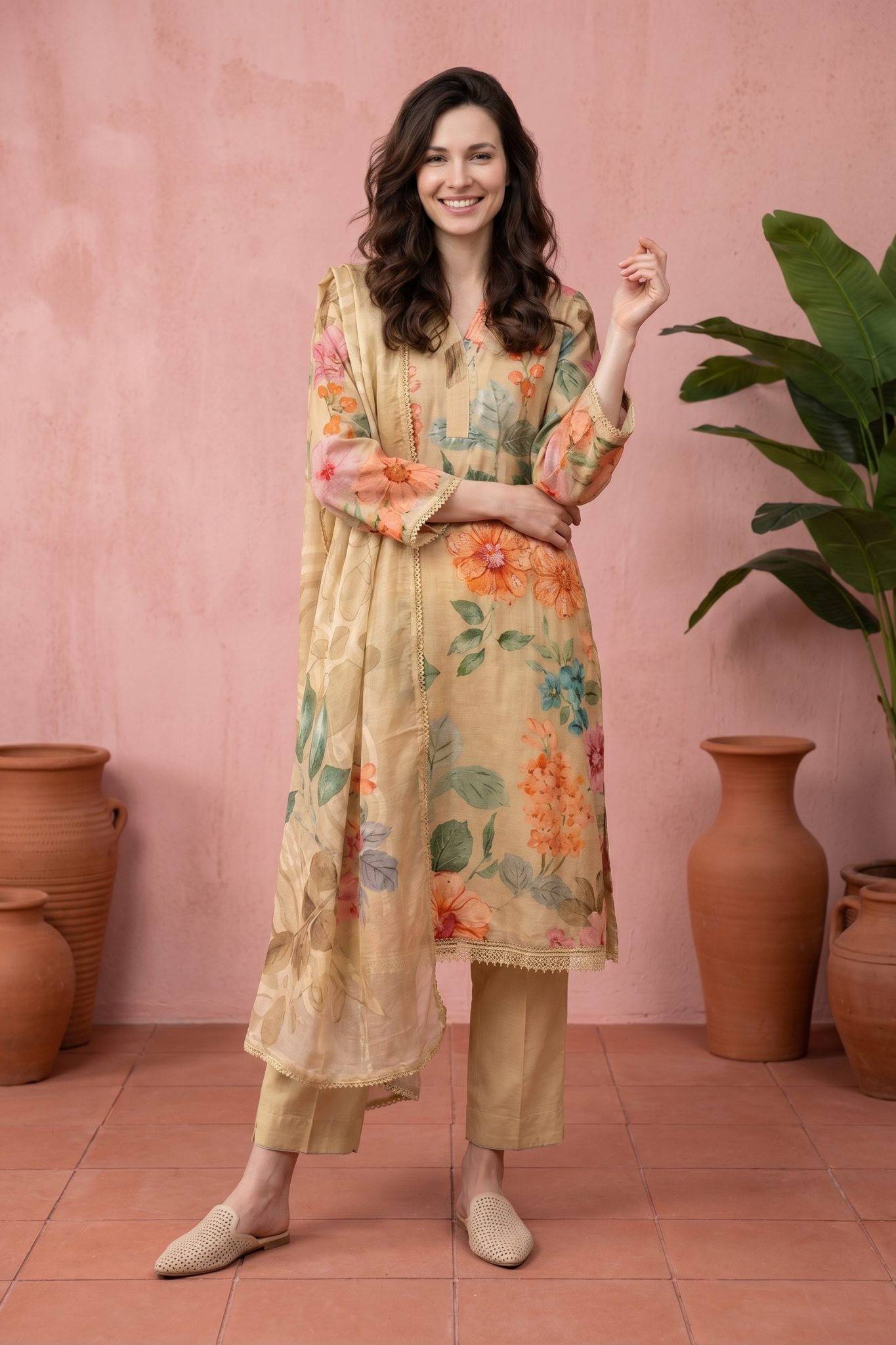 Beige Floral Printed Suit Set