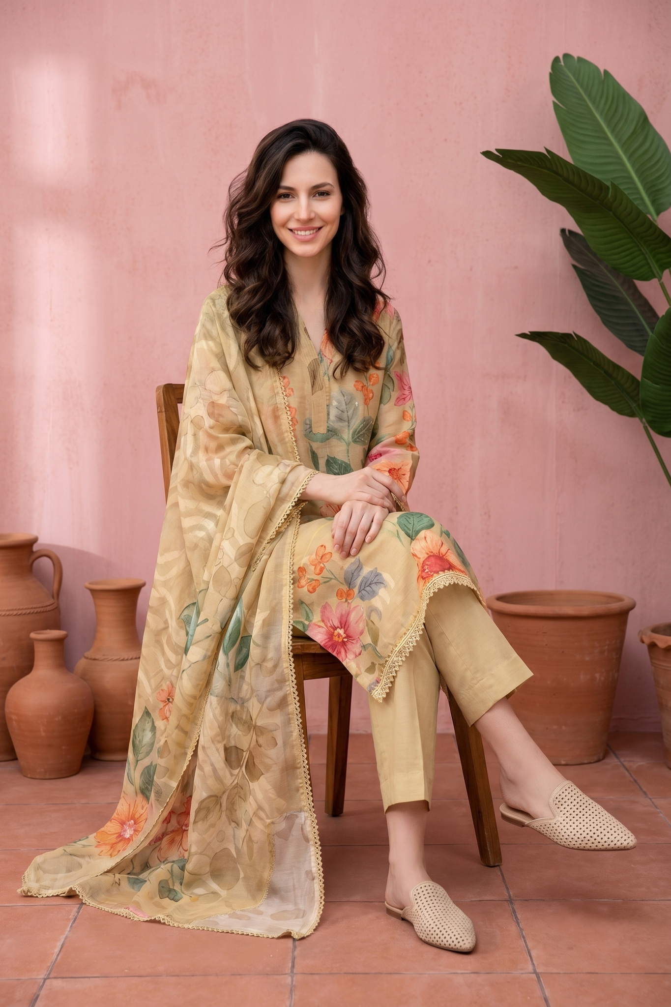 Beige Floral Printed Suit Set
