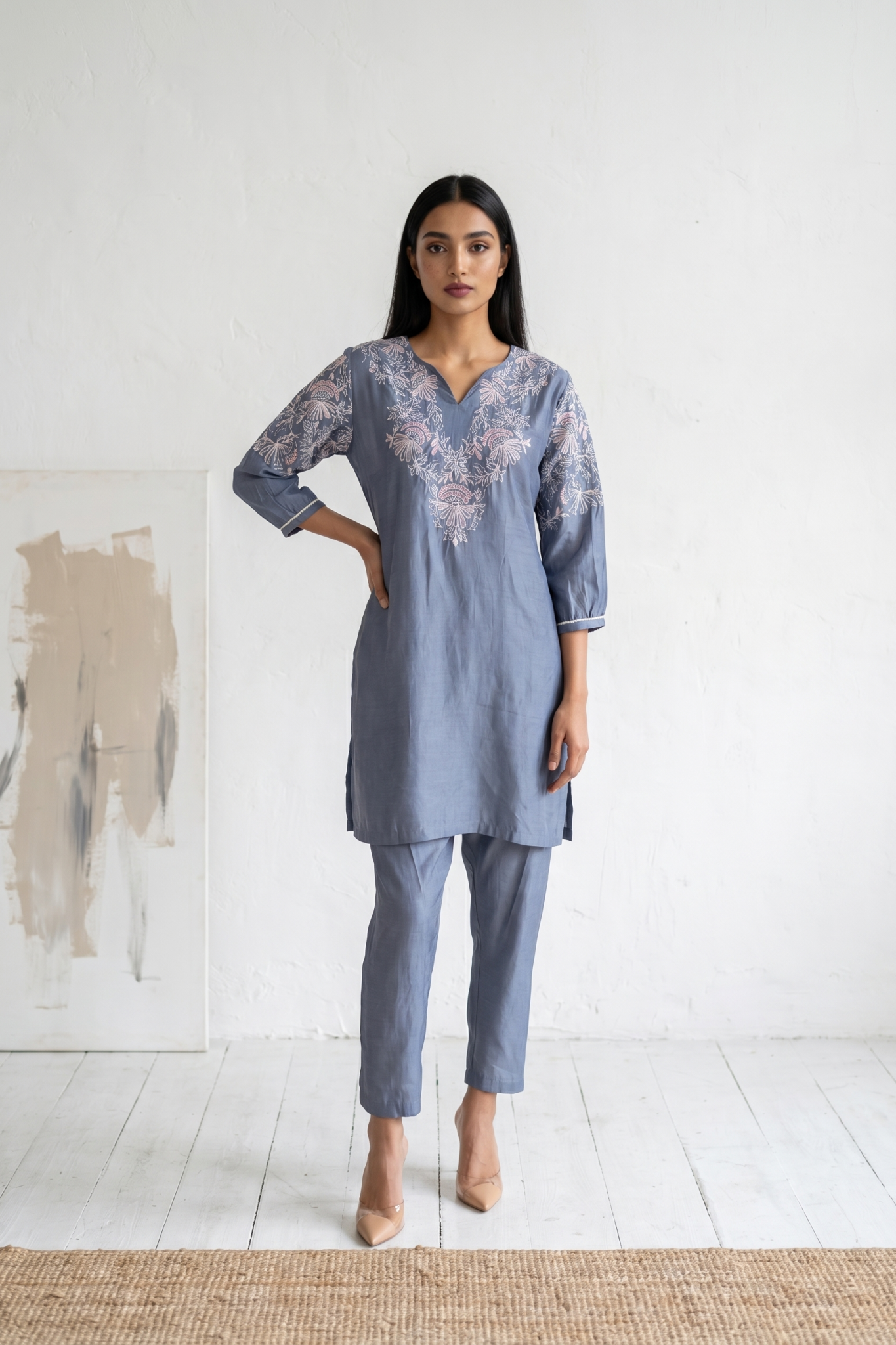 Dusty Blue Embroidered Kurta Set