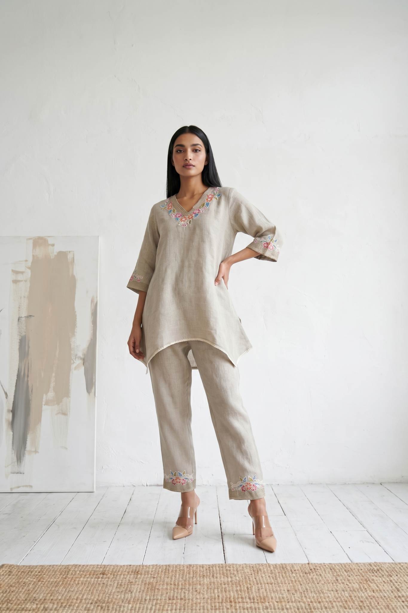 Stone Grey Embroidered Linen Co-ord Set