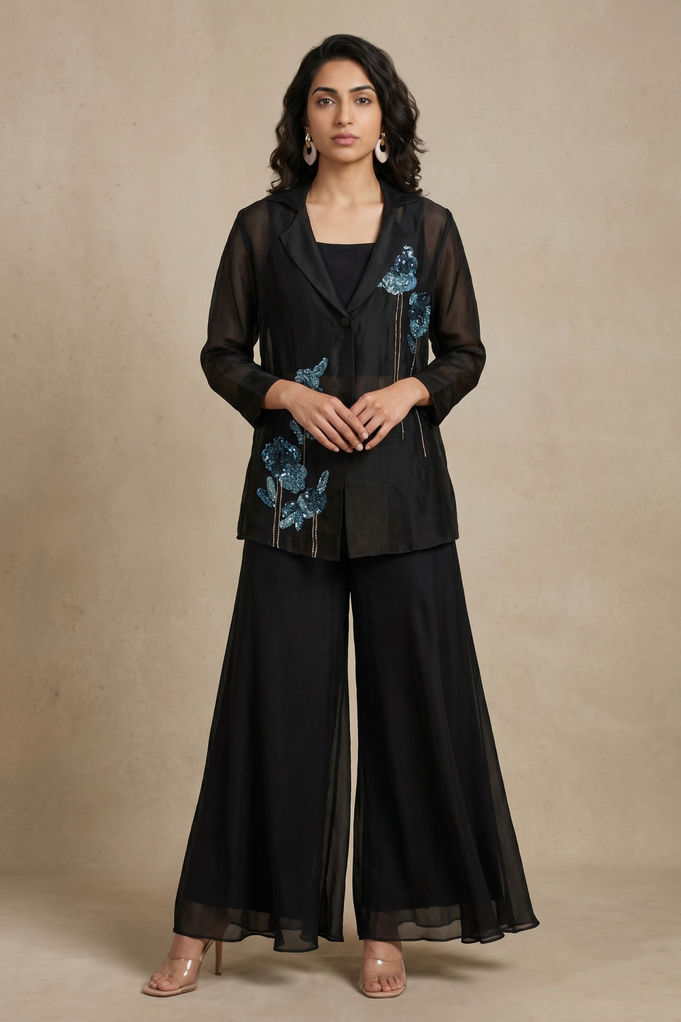 Black Organza Floral Embellished Co-Ord Set