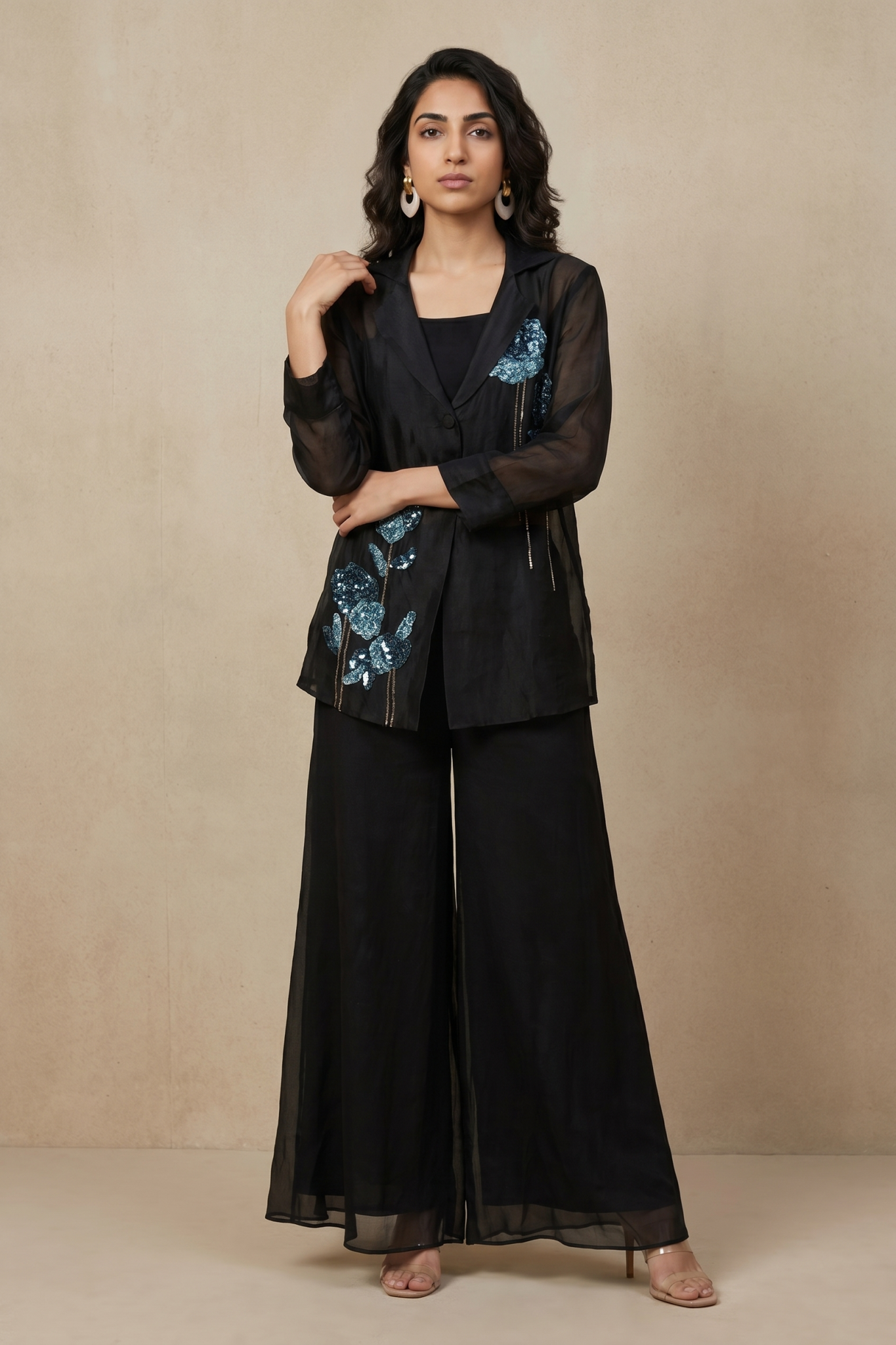 Black Organza Floral Embellished Co-Ord Set