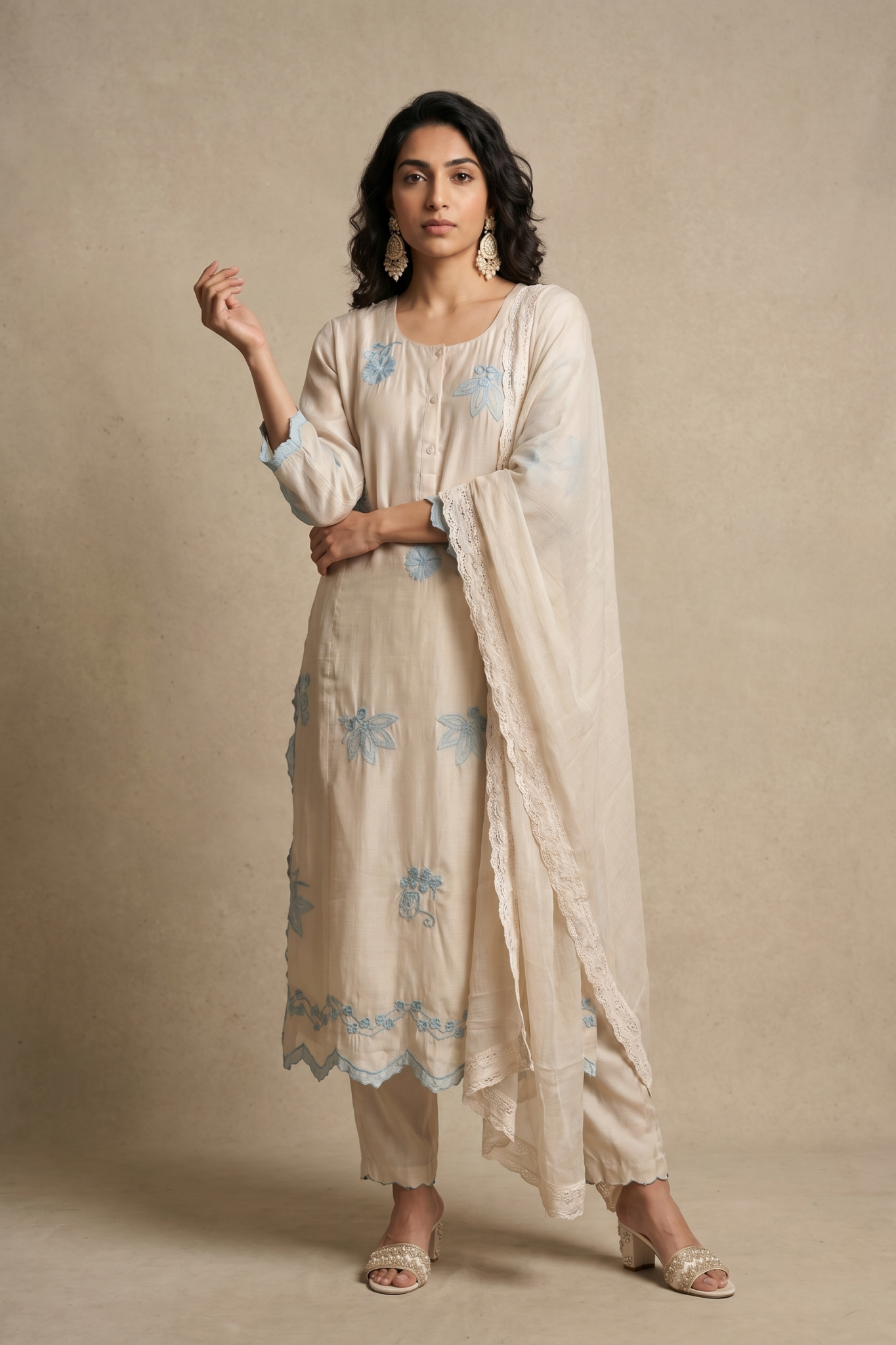 Off White Floral Embroidered Cotton Salwar Set