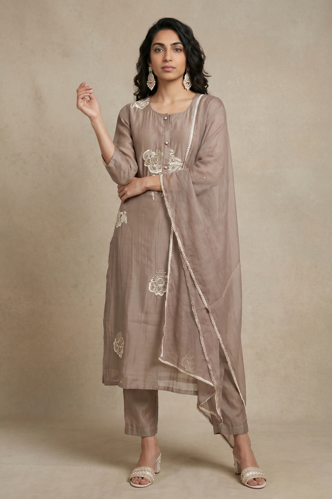 Taupe Floral Embroidered Cotton Salwar Set