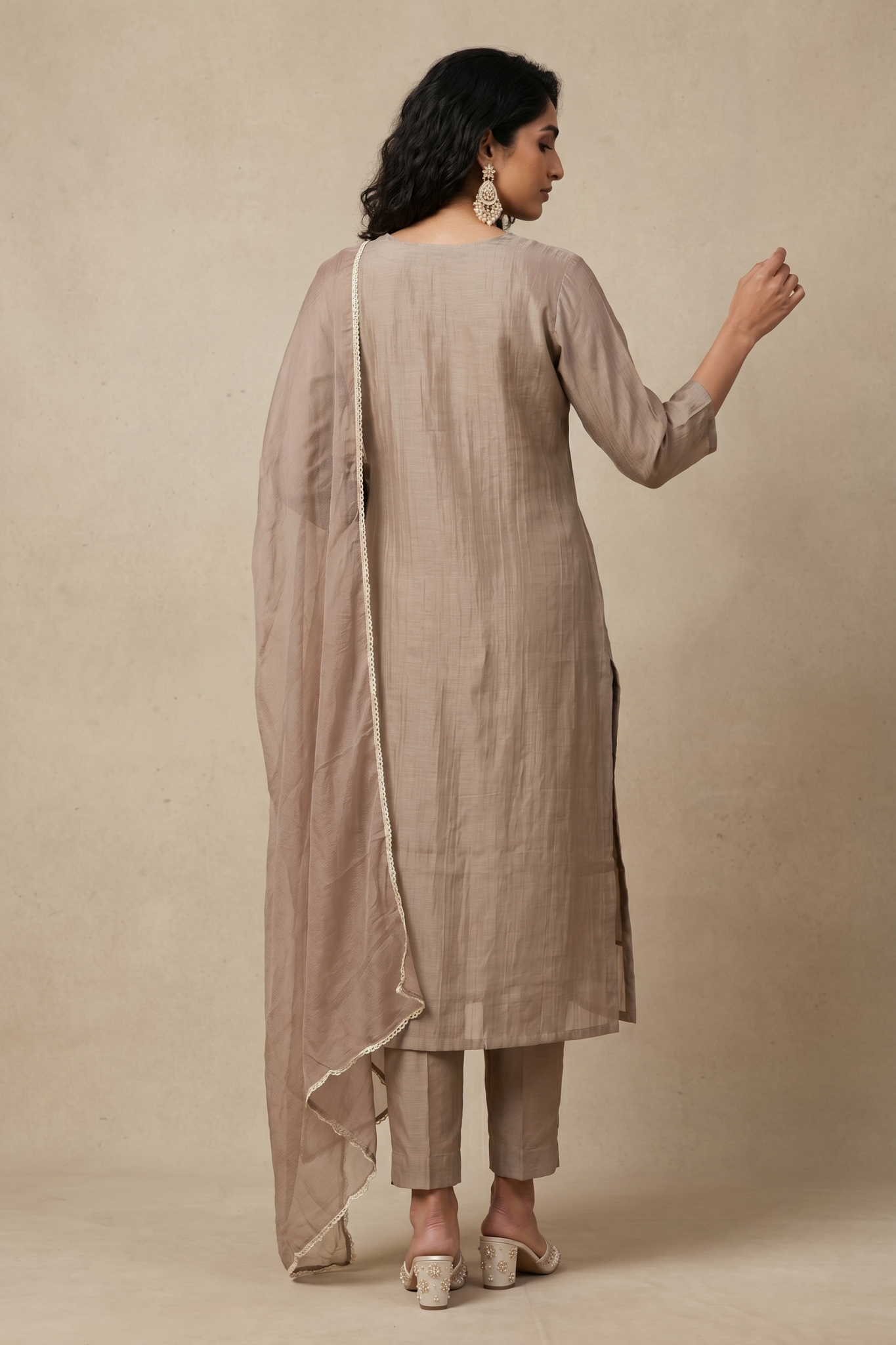 Taupe Floral Embroidered Cotton Salwar Set
