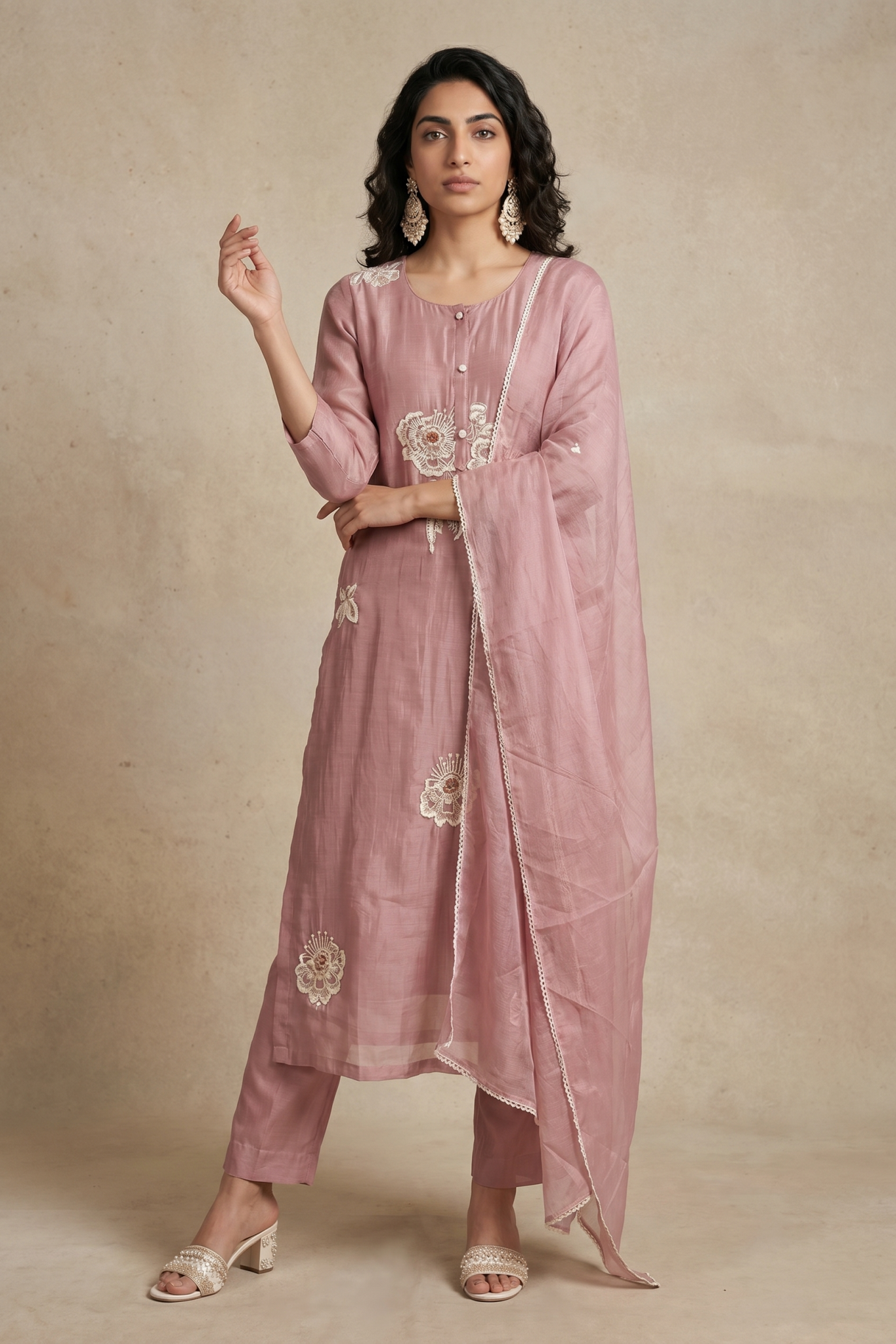 Dusty Pink Floral Embroidered Cotton Salwar Set