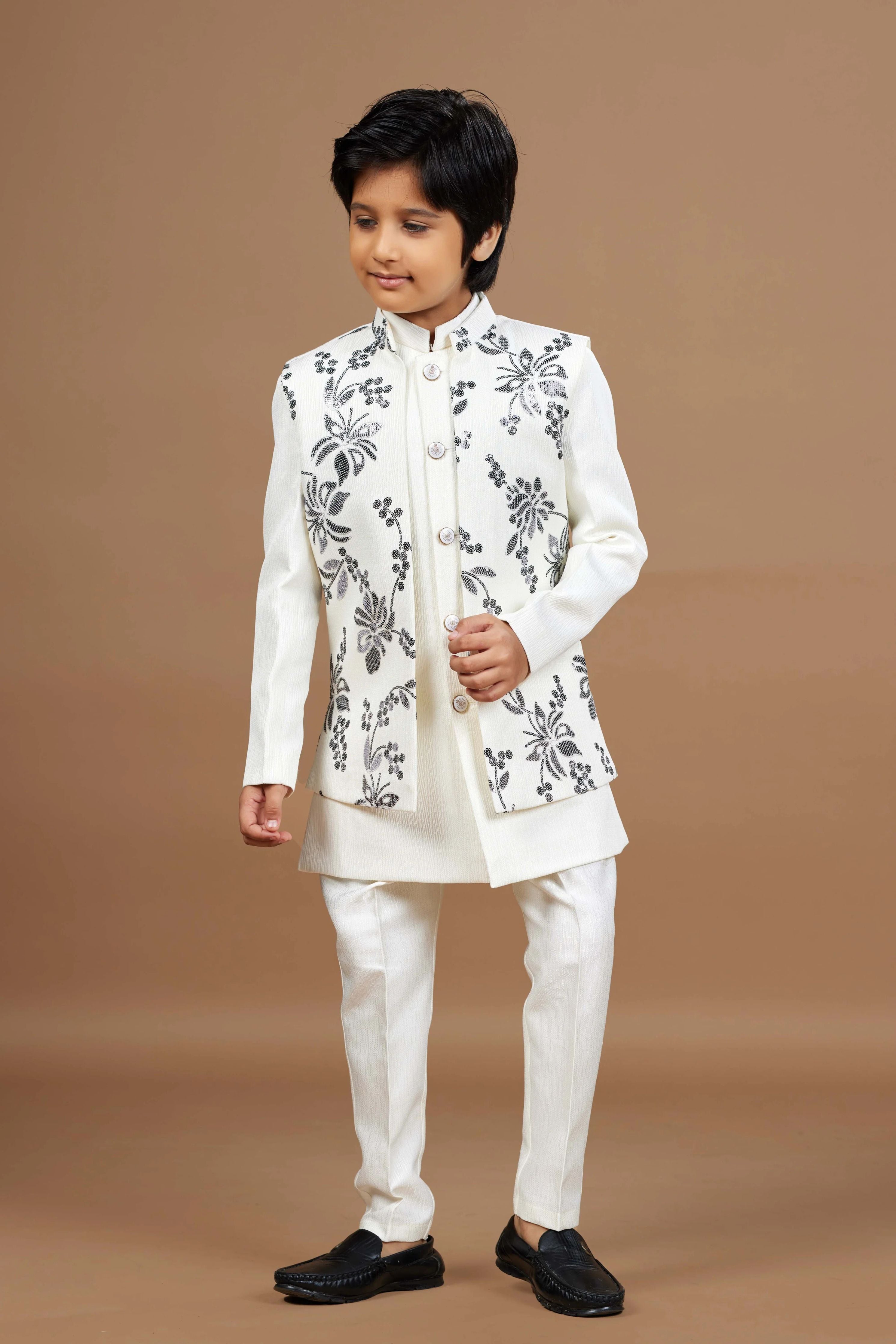 Ivory Embroidered Boys Ethnic Wear Set - Mokshaa