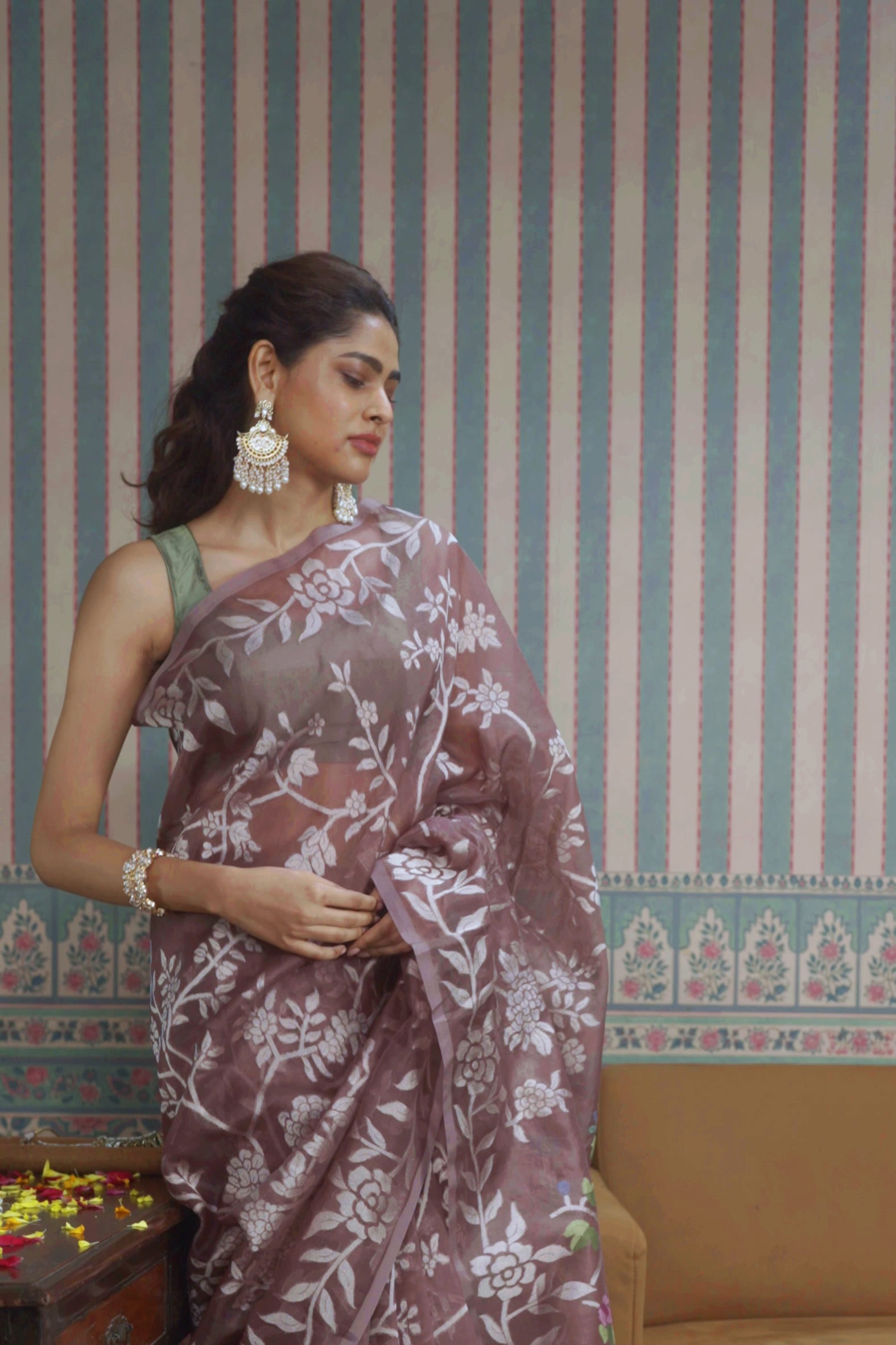 Brown Banarasi Kora Silk Jamdani Saree