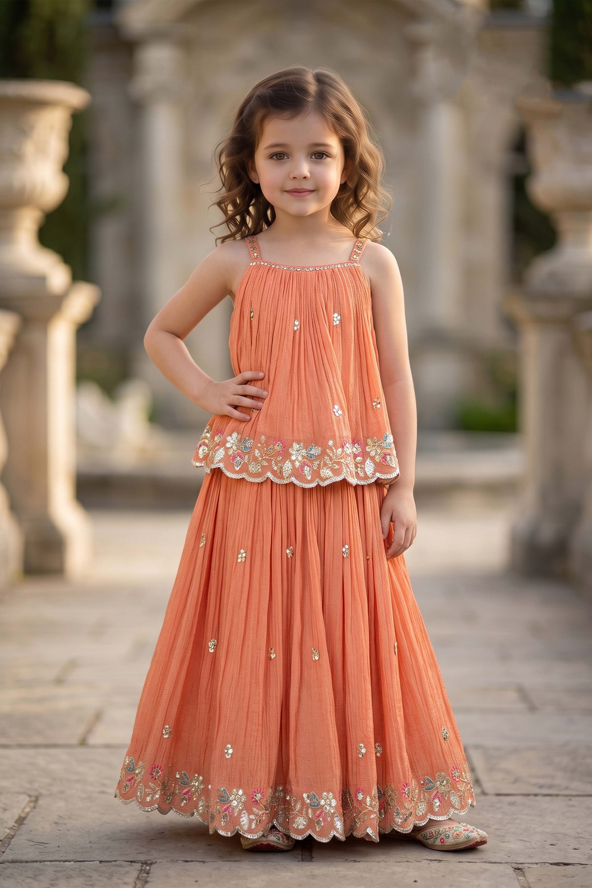 Peach Embroidered Peplum Lehenga Set - Mokshaa