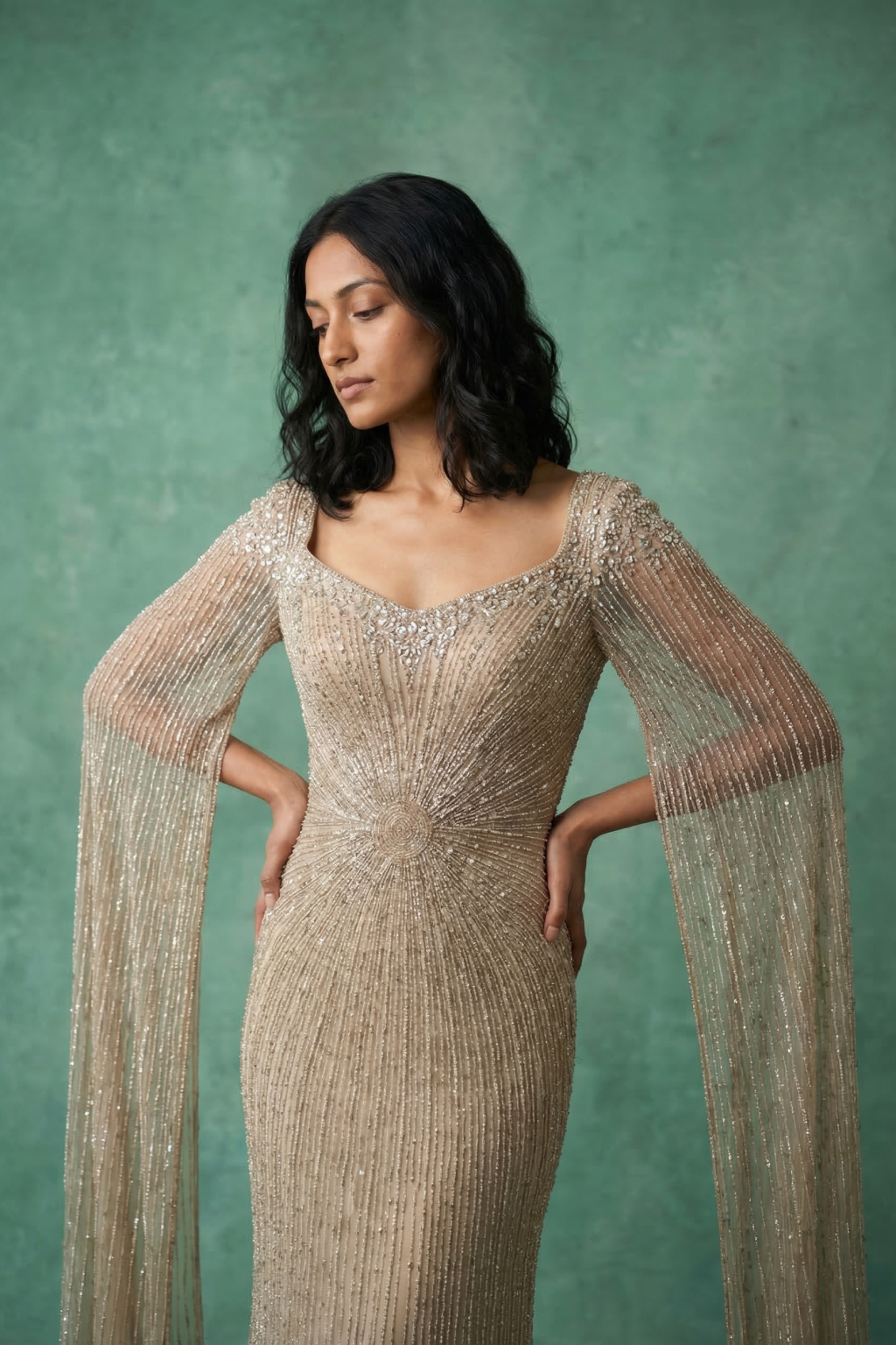 Champagne Embellished Evening Gown - Mokshaa