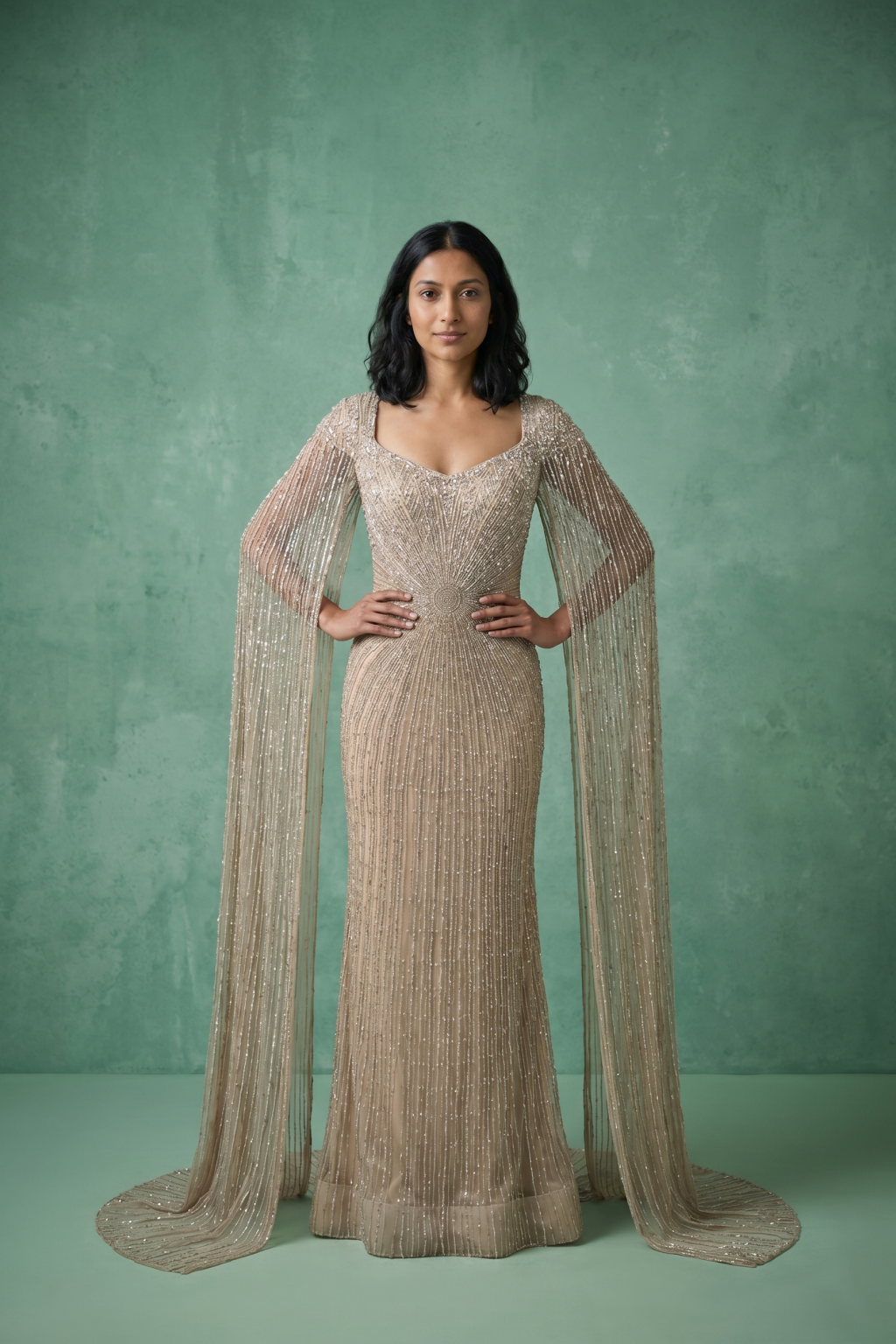 Champagne Embellished Evening Gown - Mokshaa