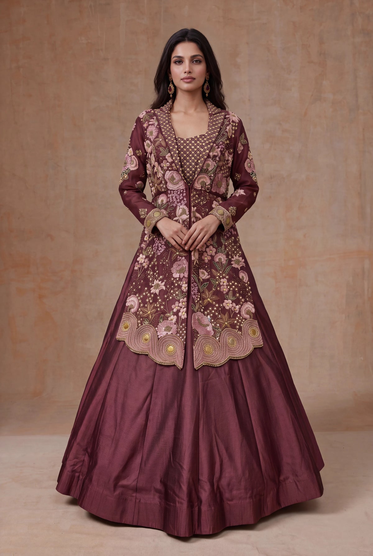 Wine Mauve Raw Silk Jacket Lehenga with Floral Embroidery - Mokshaa