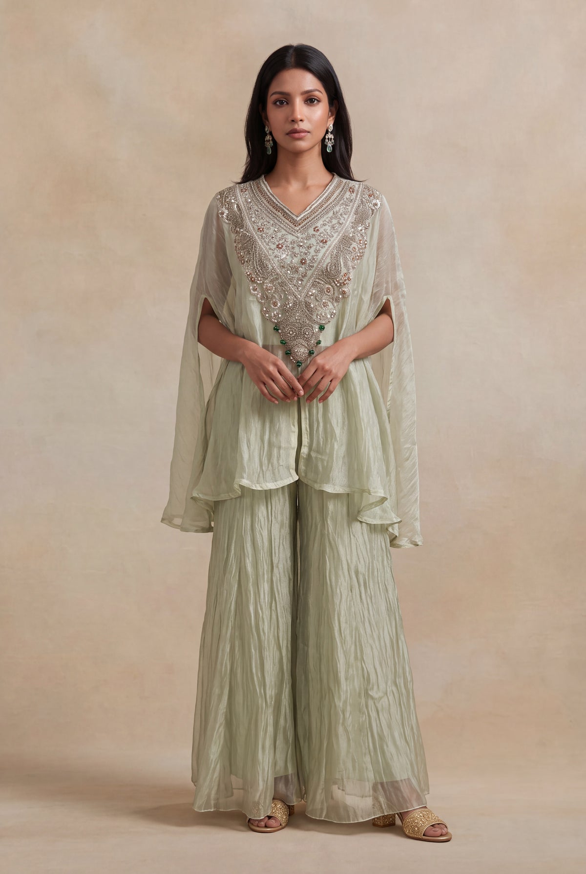 Sage Green Crush Tissue Zardozi Cape Set - Mokshaa