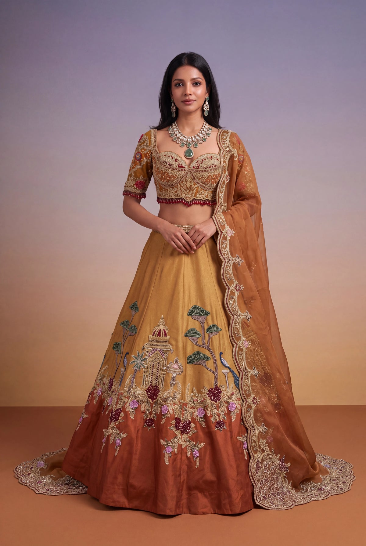 Mustard & Burnt Orange Tissue Lehenga - Mokshaa