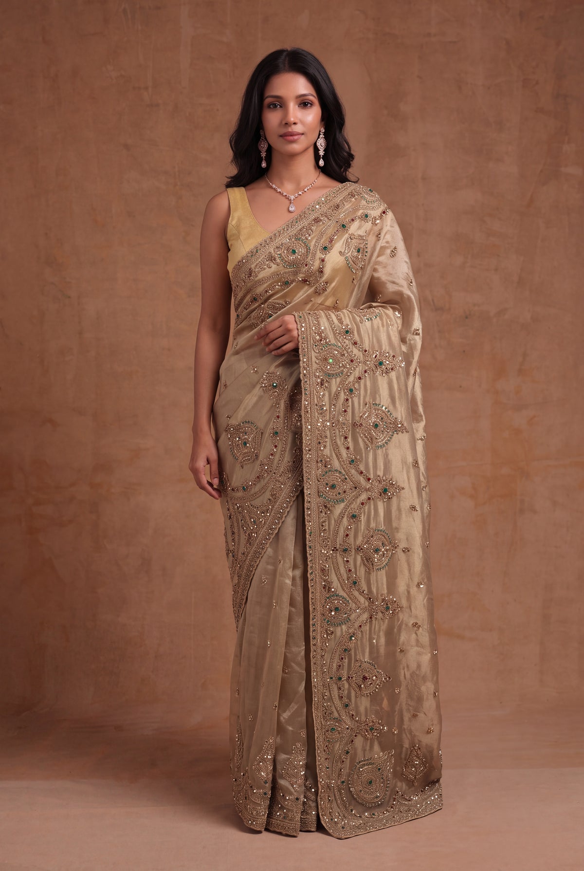 Antique Gold Tissue Zardosi Saree - Mokshaa