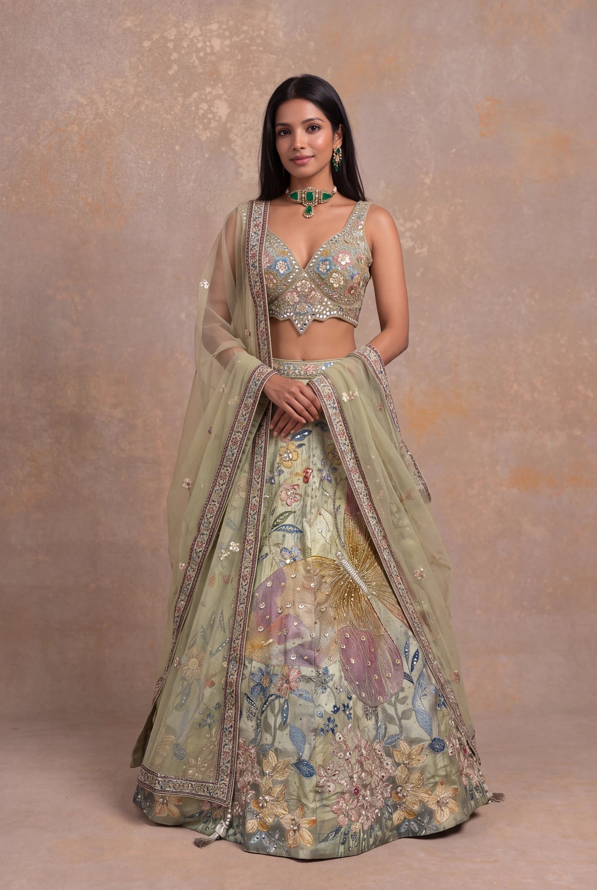 Pista Green Silk Floral Embroidered Lehenga - Mokshaa