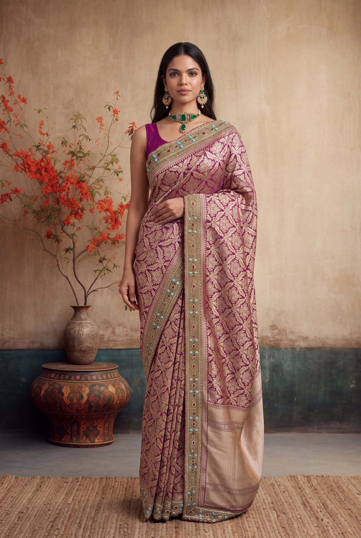 Magenta Banarasi Silk Saree - Mokshaa