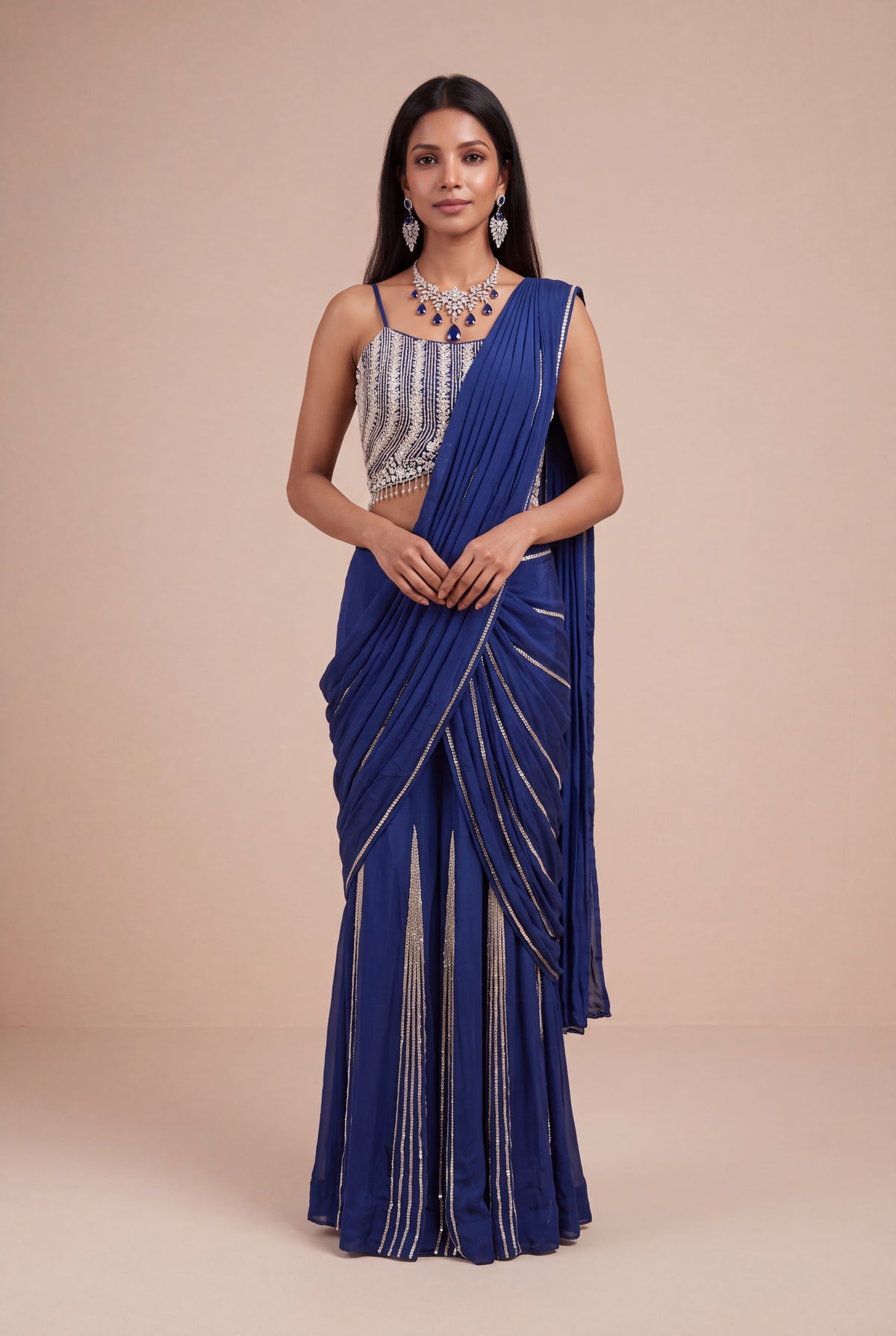 Royal Blue Chinon Crepe Draped Saree - Mokshaa