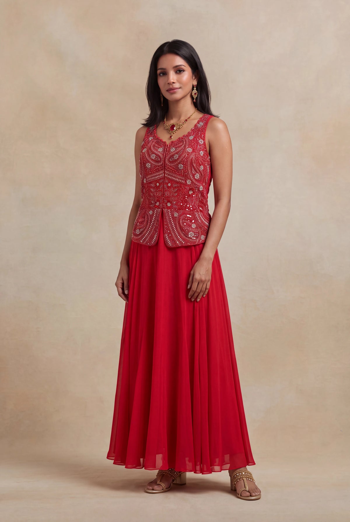 Red Sequins & Katdana Embroidered Jacket Gown - Mokshaa