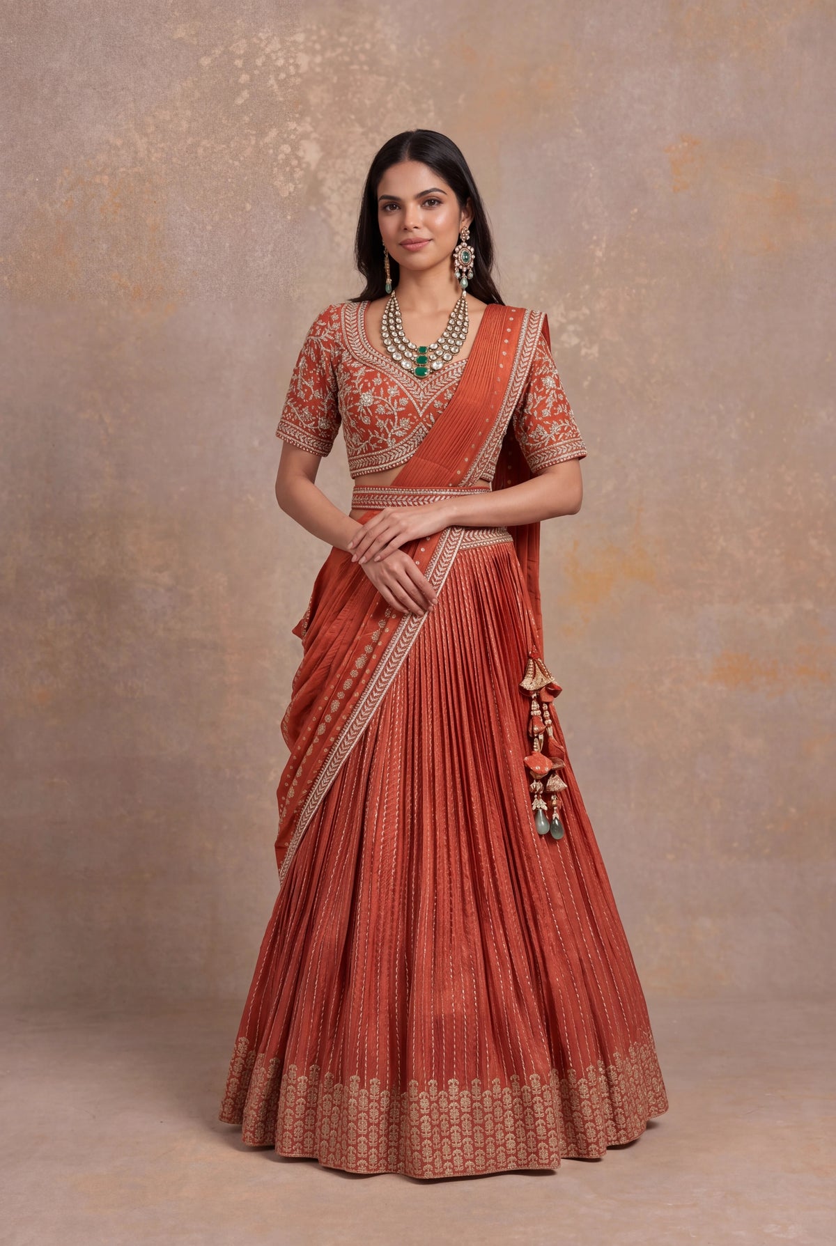 Light Orange Banarasi Draped Lehenga Set - Mokshaa