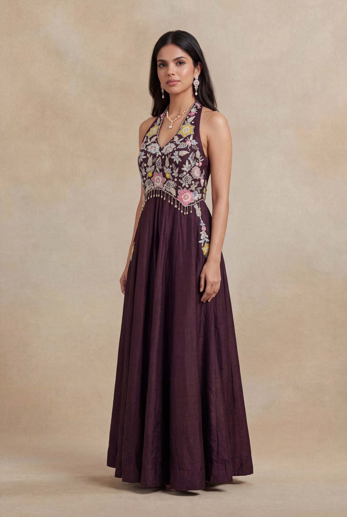 Wine Raw Silk Floral Embroidered Western Gown - Mokshaa