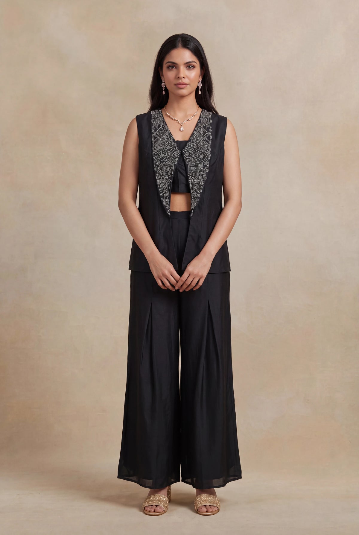 Black Silk Indo-Western Palazzo Set - Mokshaa